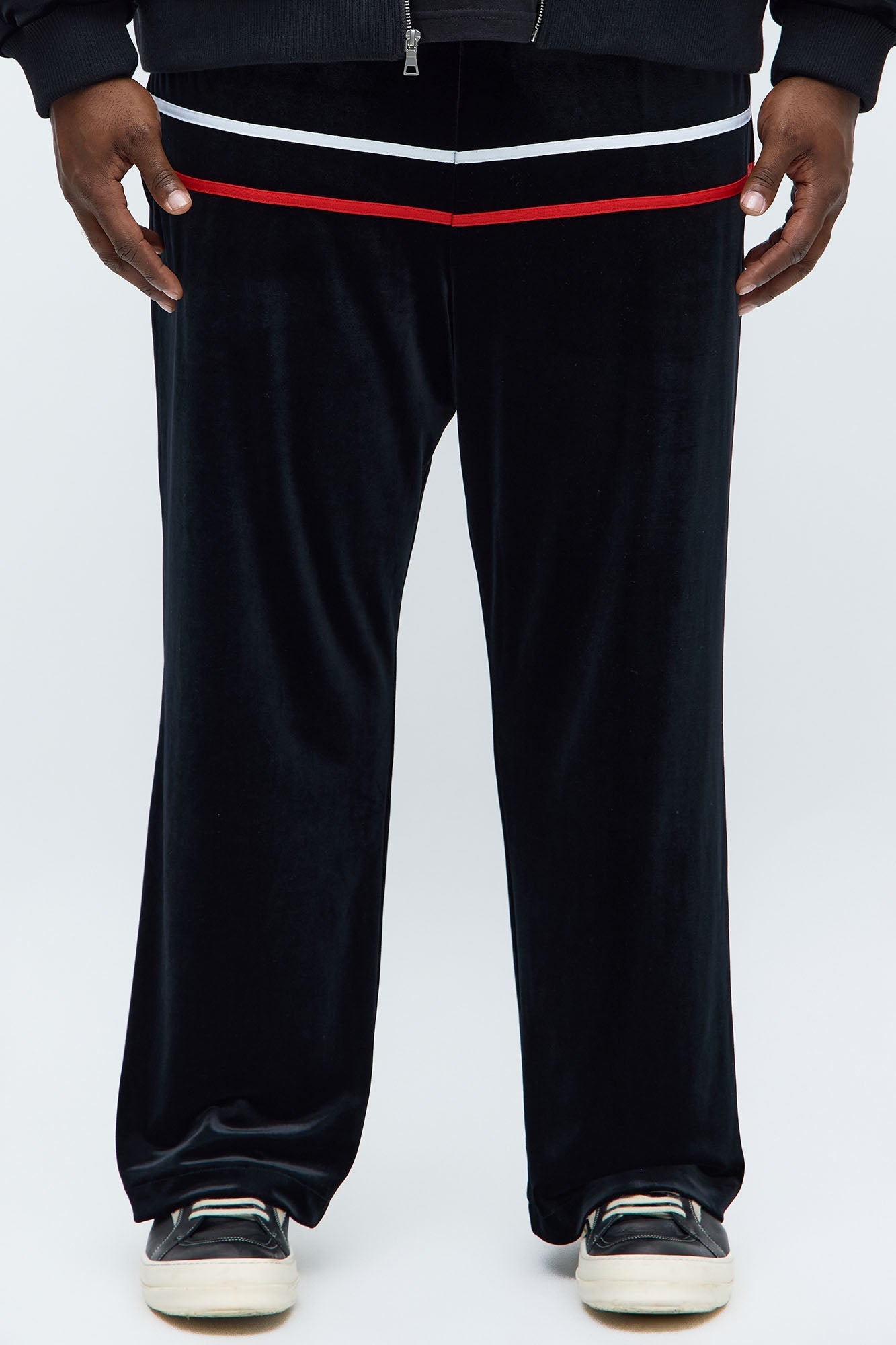 Velour Piped Courtside Straight Track Pant - Black/Red Fashion Nova