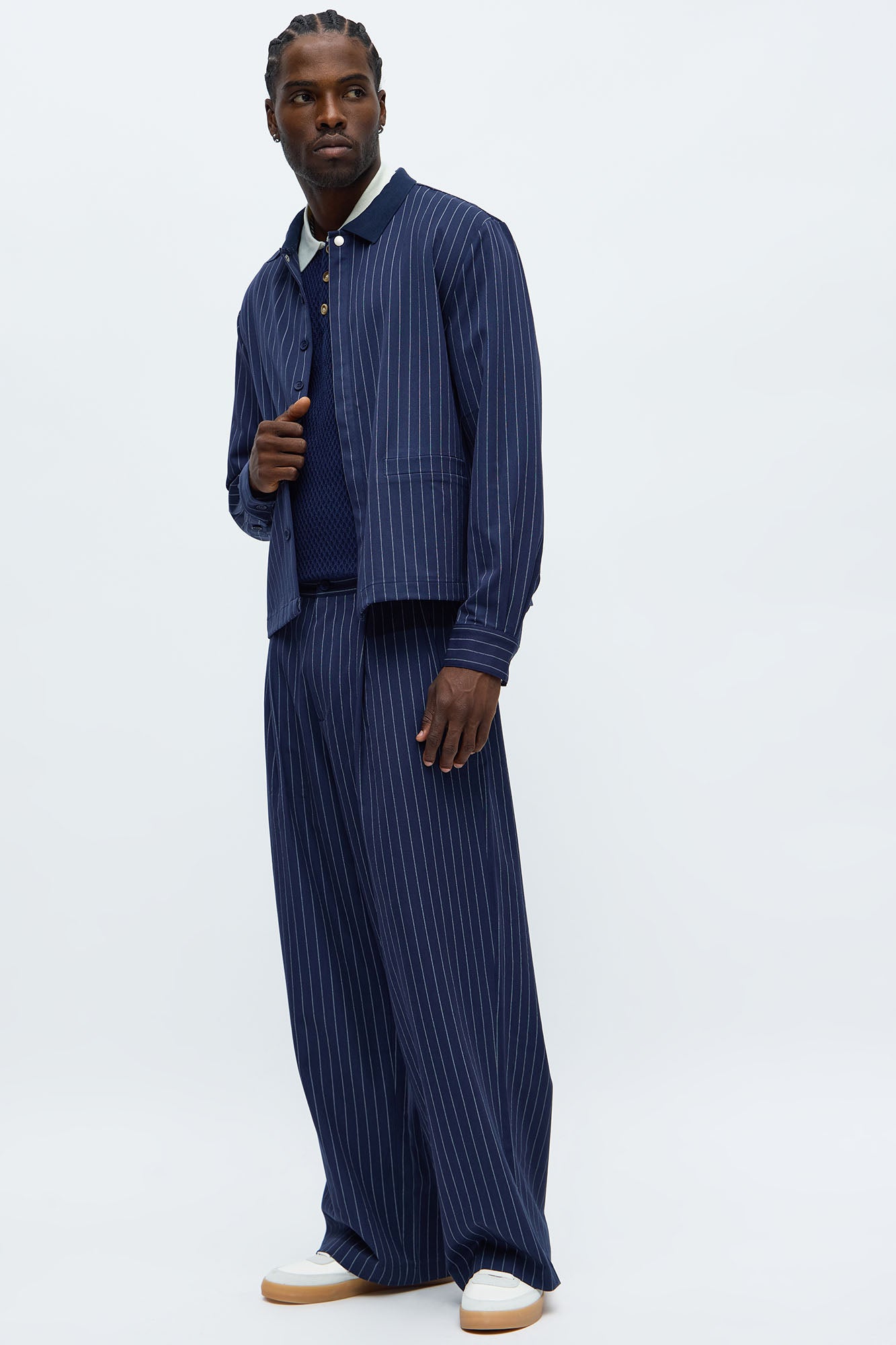 Straight Striped Elevated Shirt Jacket - Navy Fashion Nova