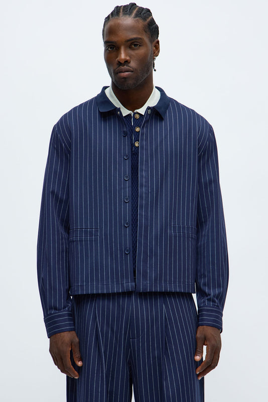 Straight Striped Elevated Shirt Jacket - Navy Fashion Nova