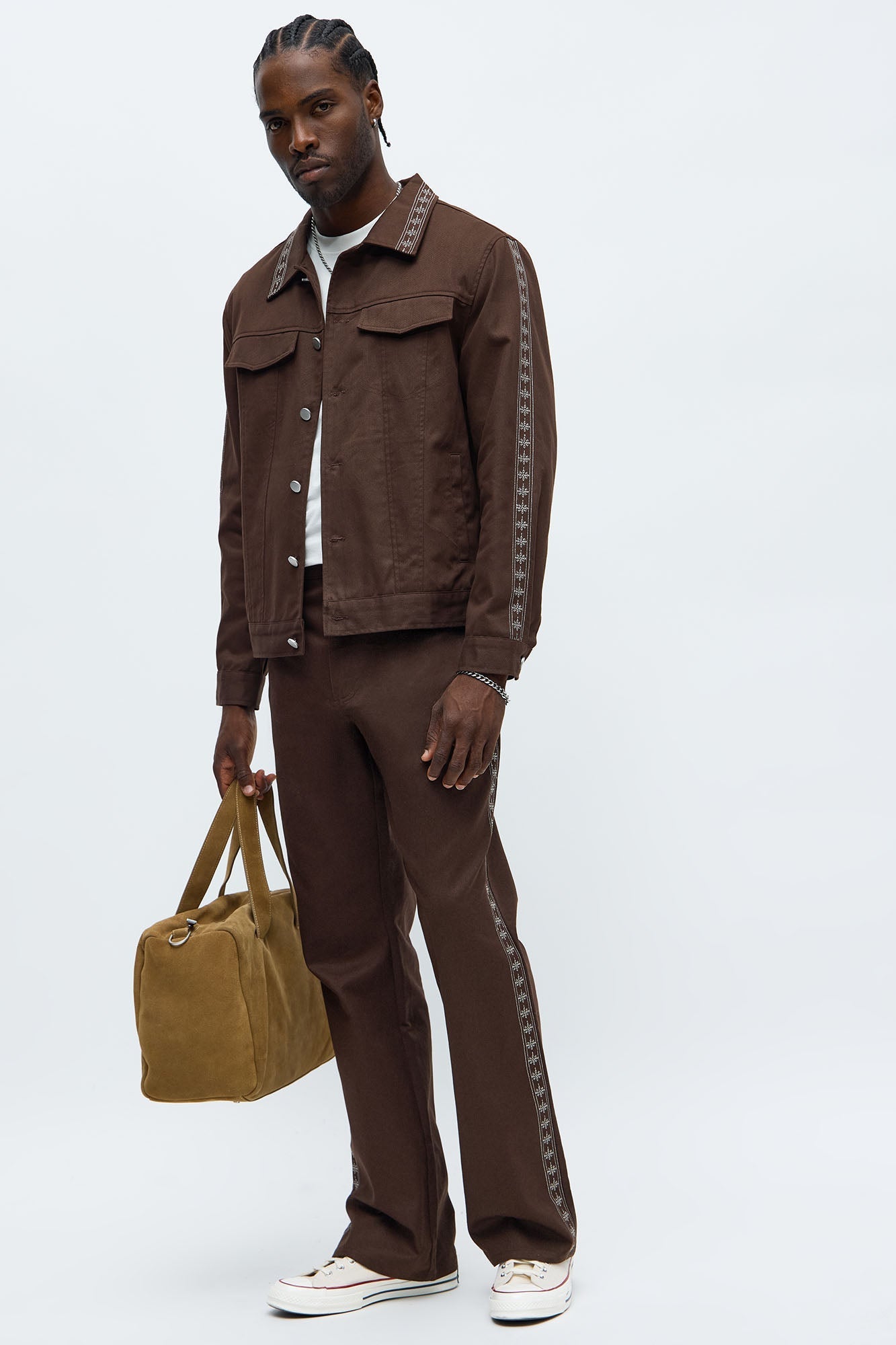 On A Loop Embroidered Stitch Trucker Jacket - Brown Fashion Nova