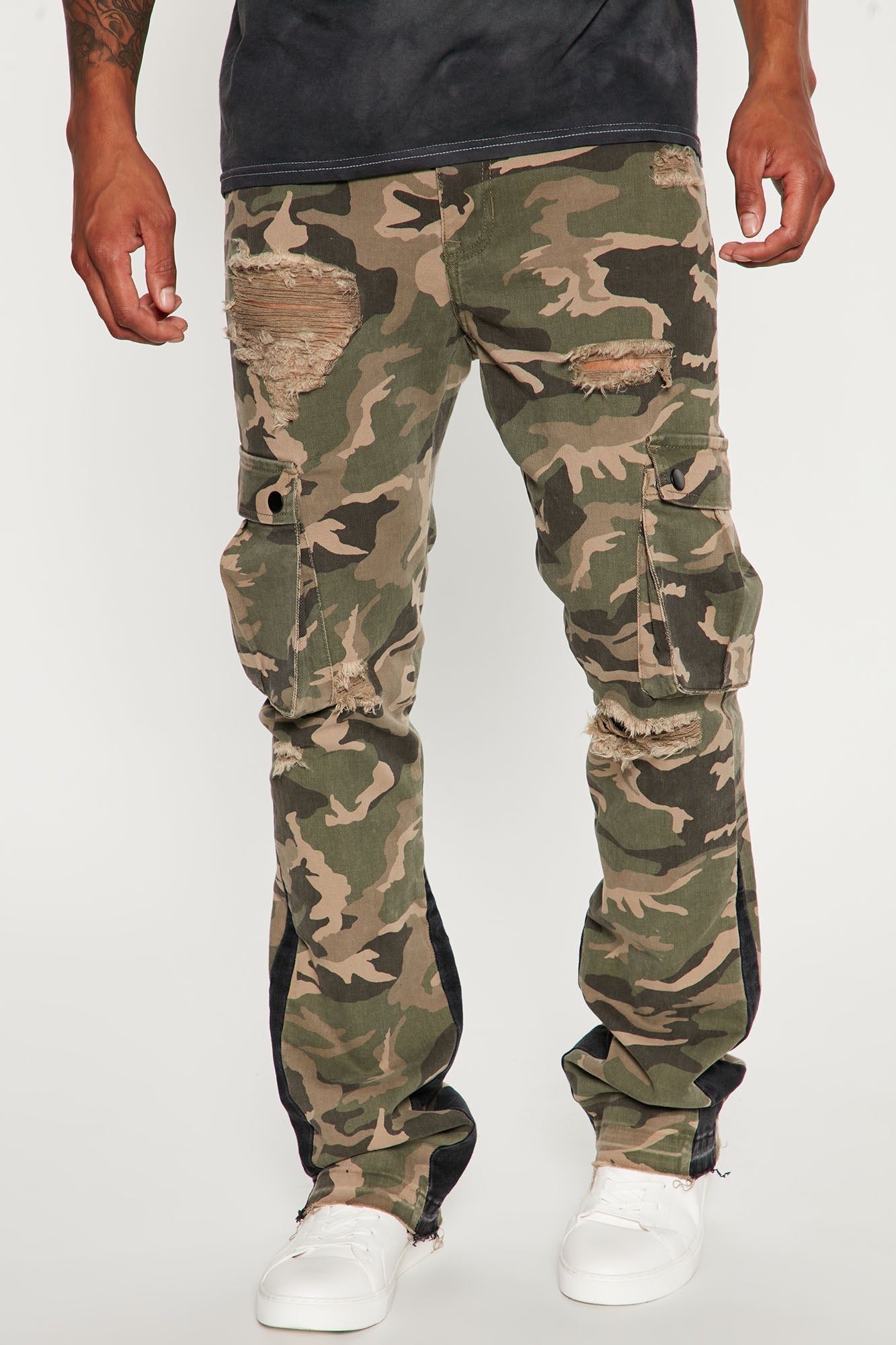 Contrast Skinny Stacked Flared Cargo Pants - Camouflage Fashion Nova