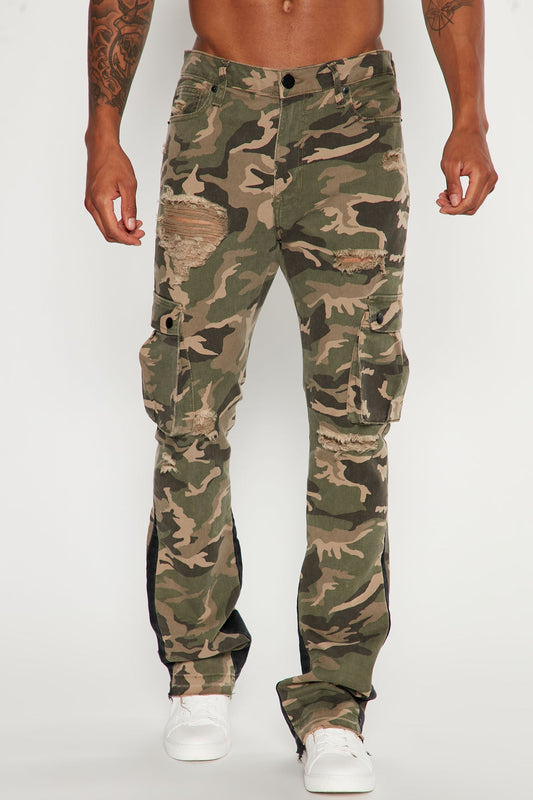 Contrast Skinny Stacked Flared Cargo Pants - Camouflage Fashion Nova
