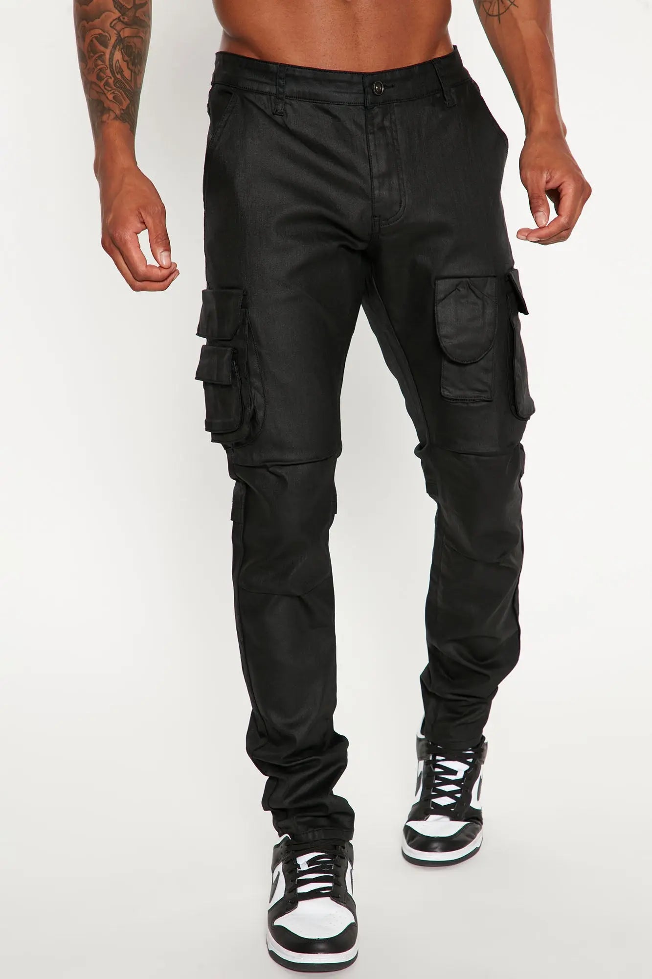 Flap Pockets Waxed Stacked Skinny Cargo Jeans - Black Fashion Nova