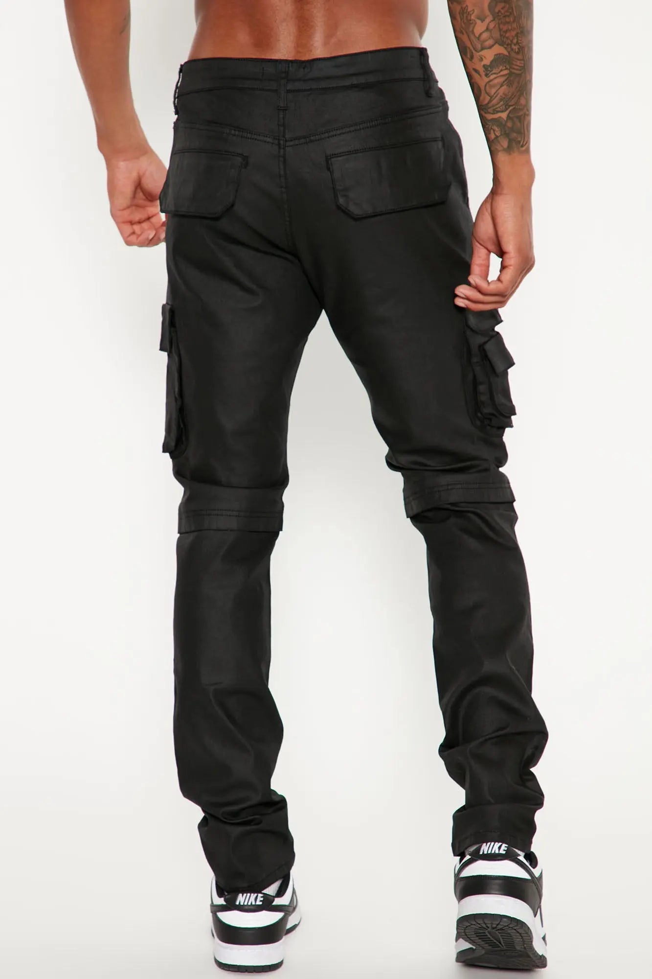 Flap Pockets Waxed Stacked Skinny Cargo Jeans - Black Fashion Nova
