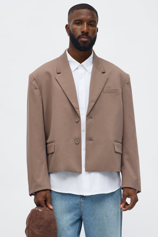 Gabardine Boxy Cropped Single Breasted Blazer - Taupe Fashion Nova