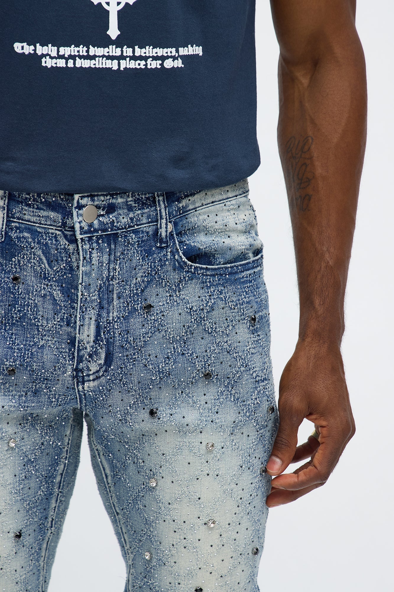 Stacked Slim Flare We WIldin In Bling Jean - Light Wash Fashion Nova