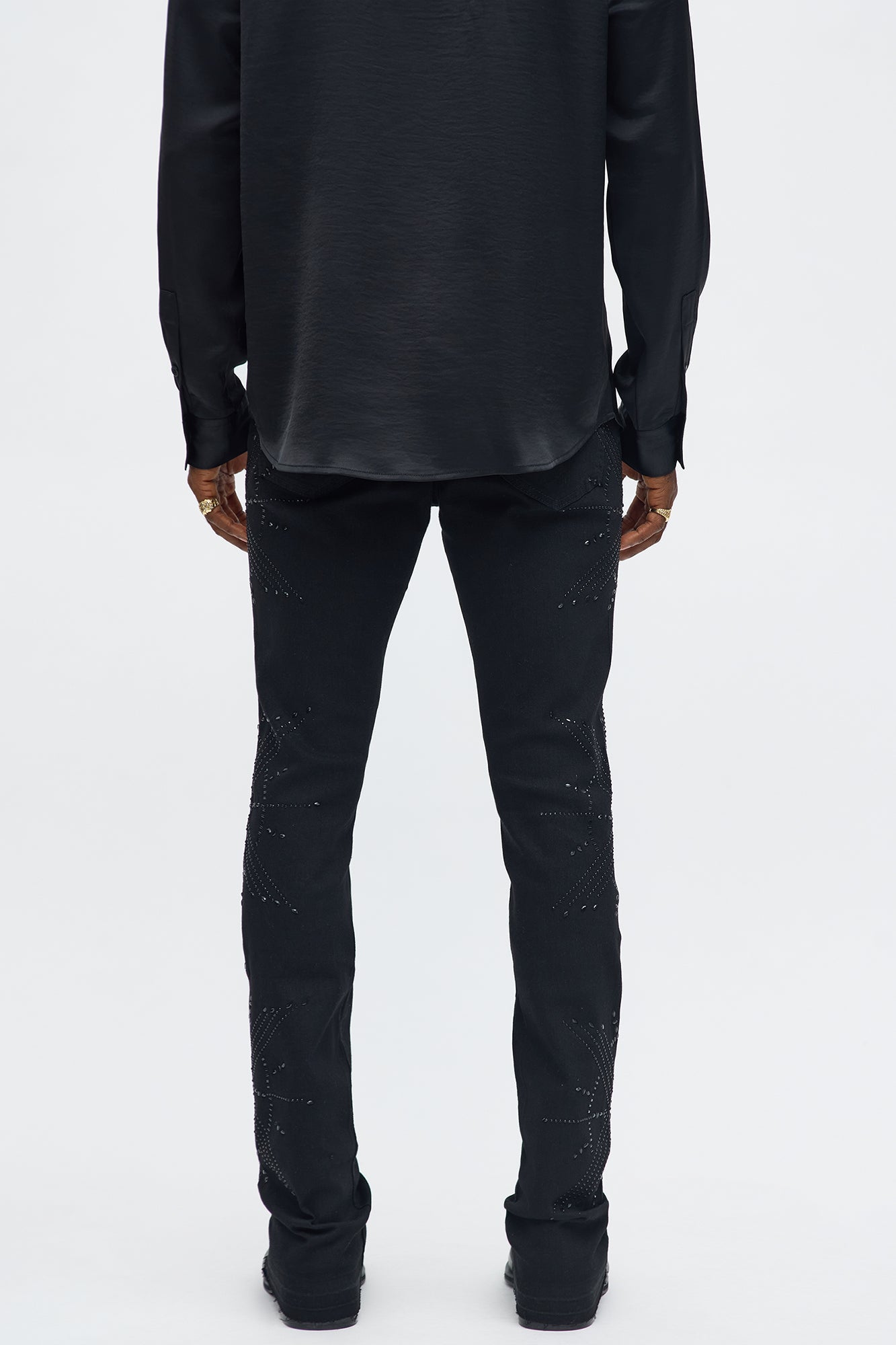 Stacked Skinny Flare Within Star Jeweled Jean - Black Fashion Nova