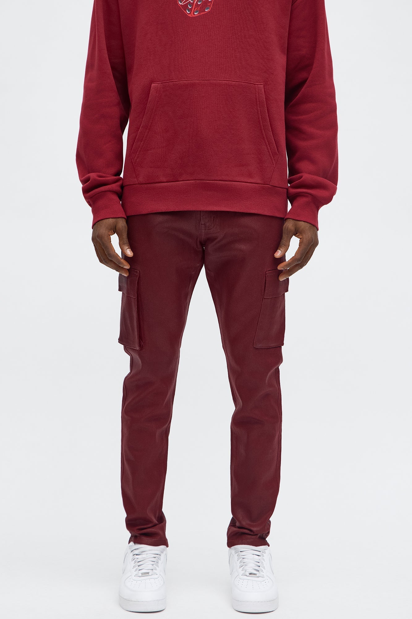 Skinny Down The Streets Waxed Cargo Jean - Burgundy Fashion Nova