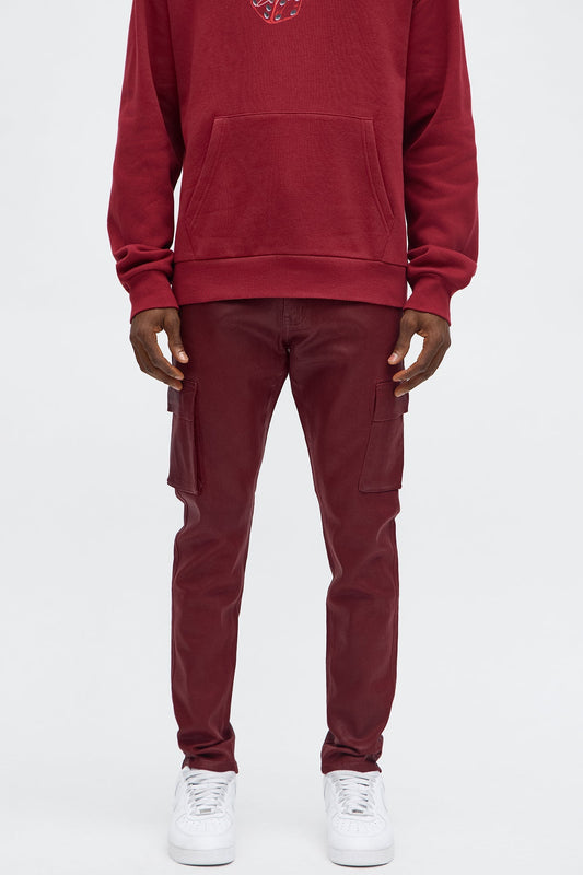 Skinny Down The Streets Waxed Cargo Jean - Burgundy Fashion Nova