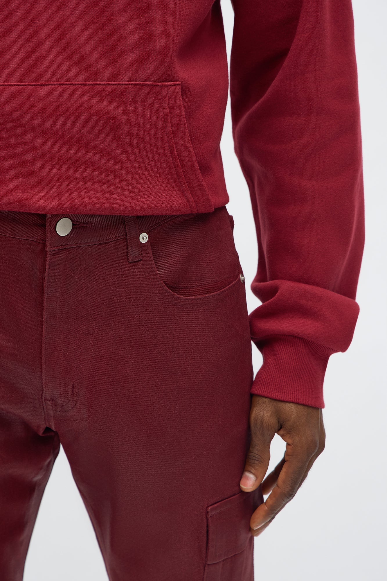 Skinny Down The Streets Waxed Cargo Jean - Burgundy Fashion Nova