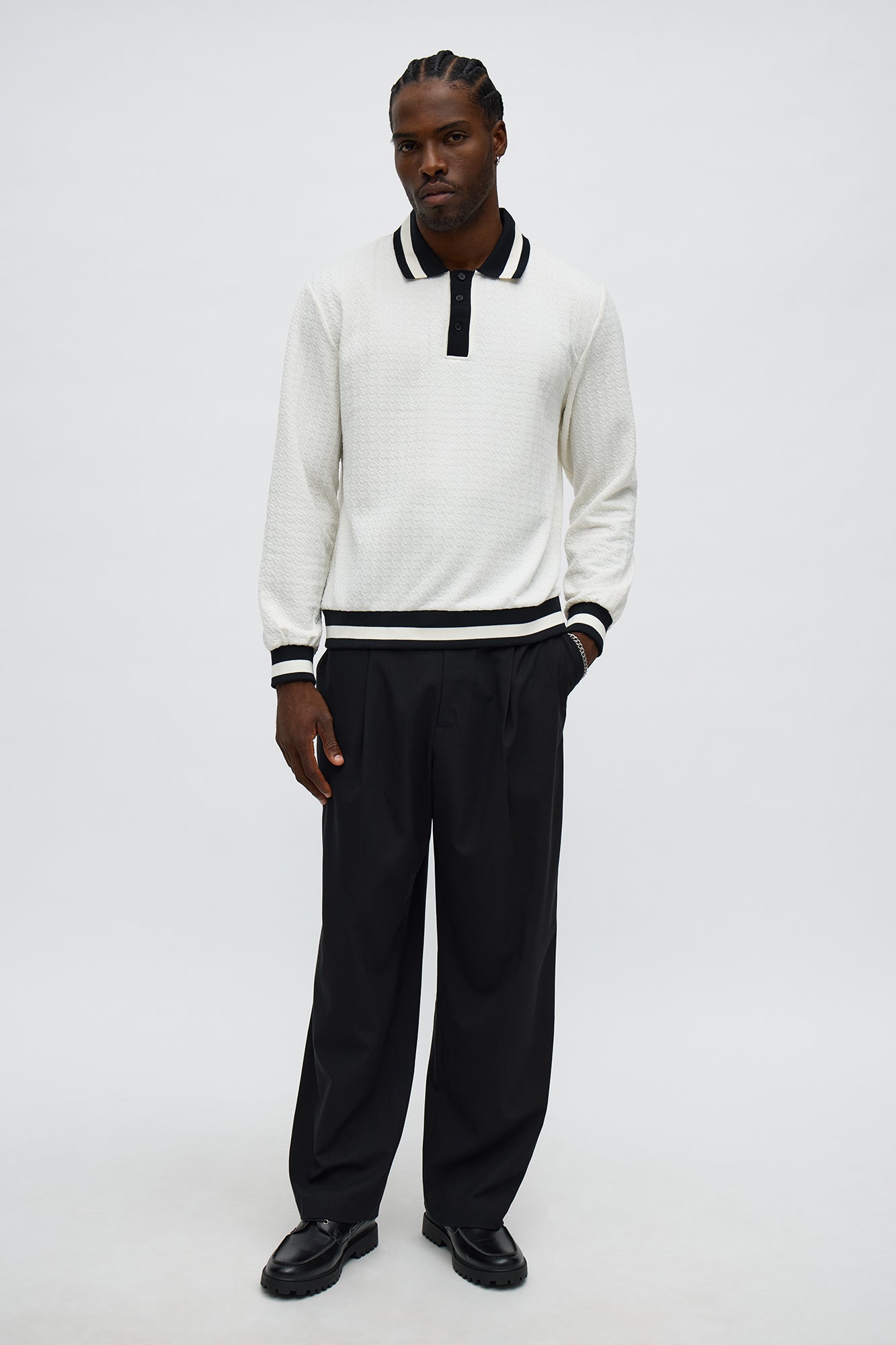 Andrew Textured Knit Long Sleeve Polo - Cream/combo Fashion Nova