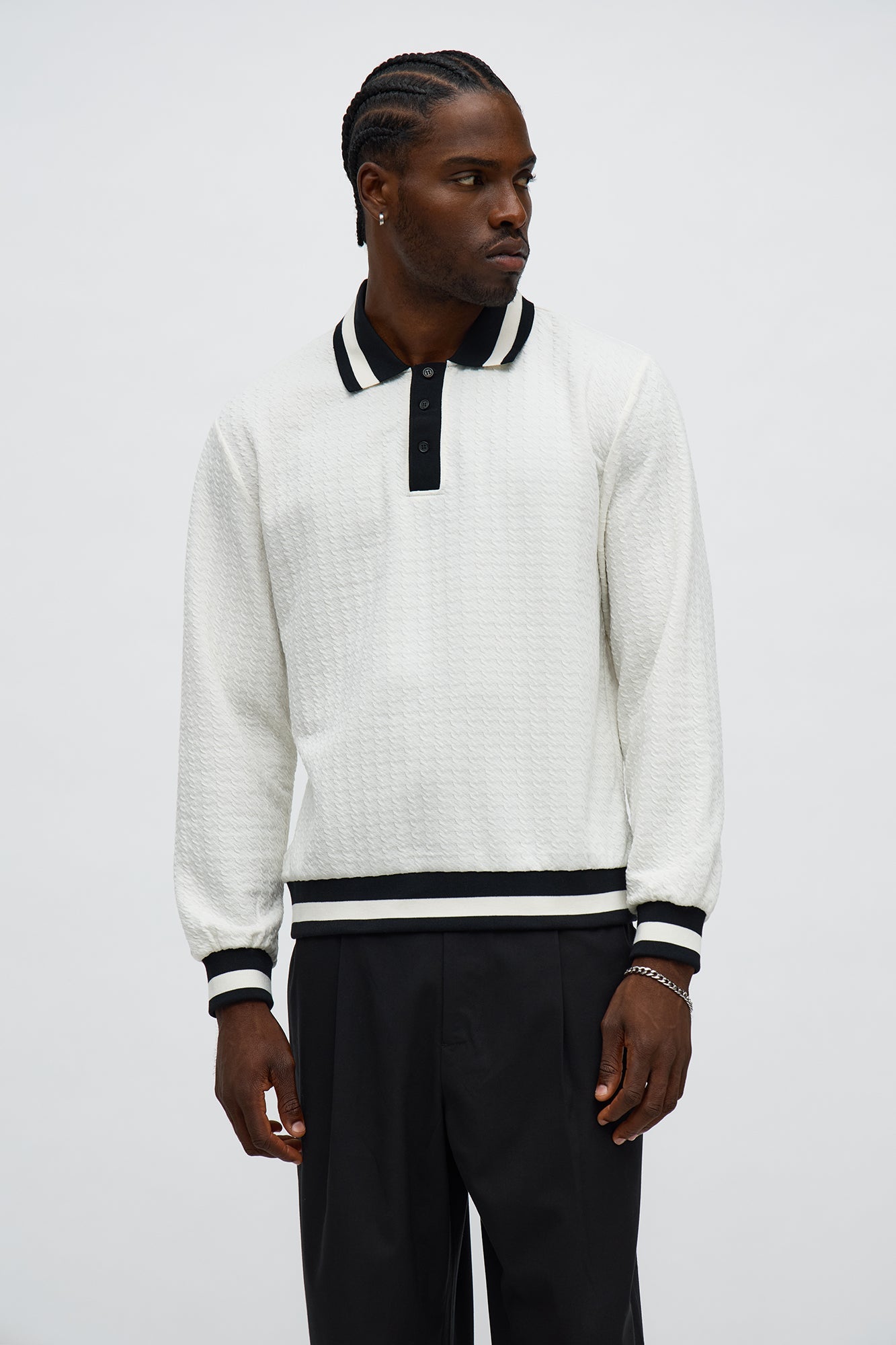 Andrew Textured Knit Long Sleeve Polo - Cream/combo Fashion Nova