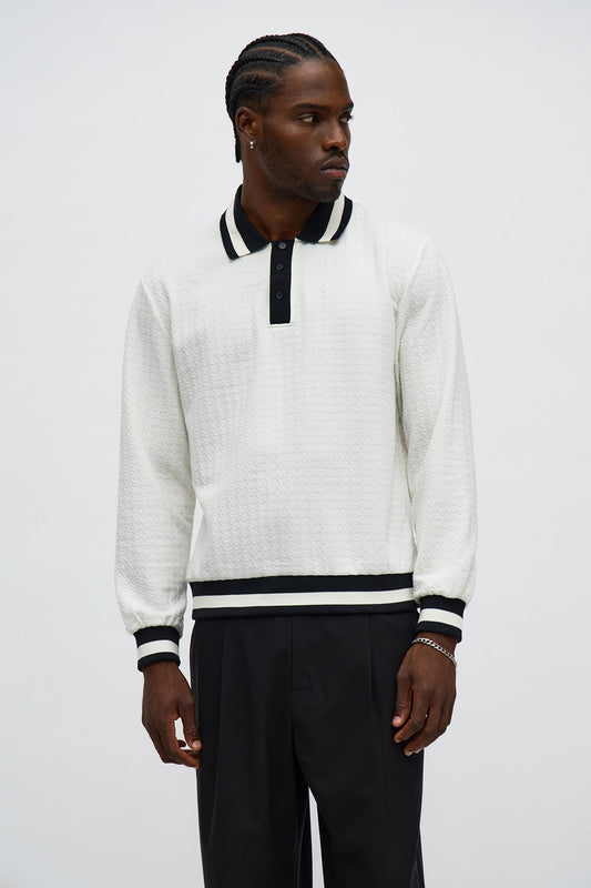 Andrew Textured Knit Long Sleeve Polo - Cream/combo Fashion Nova