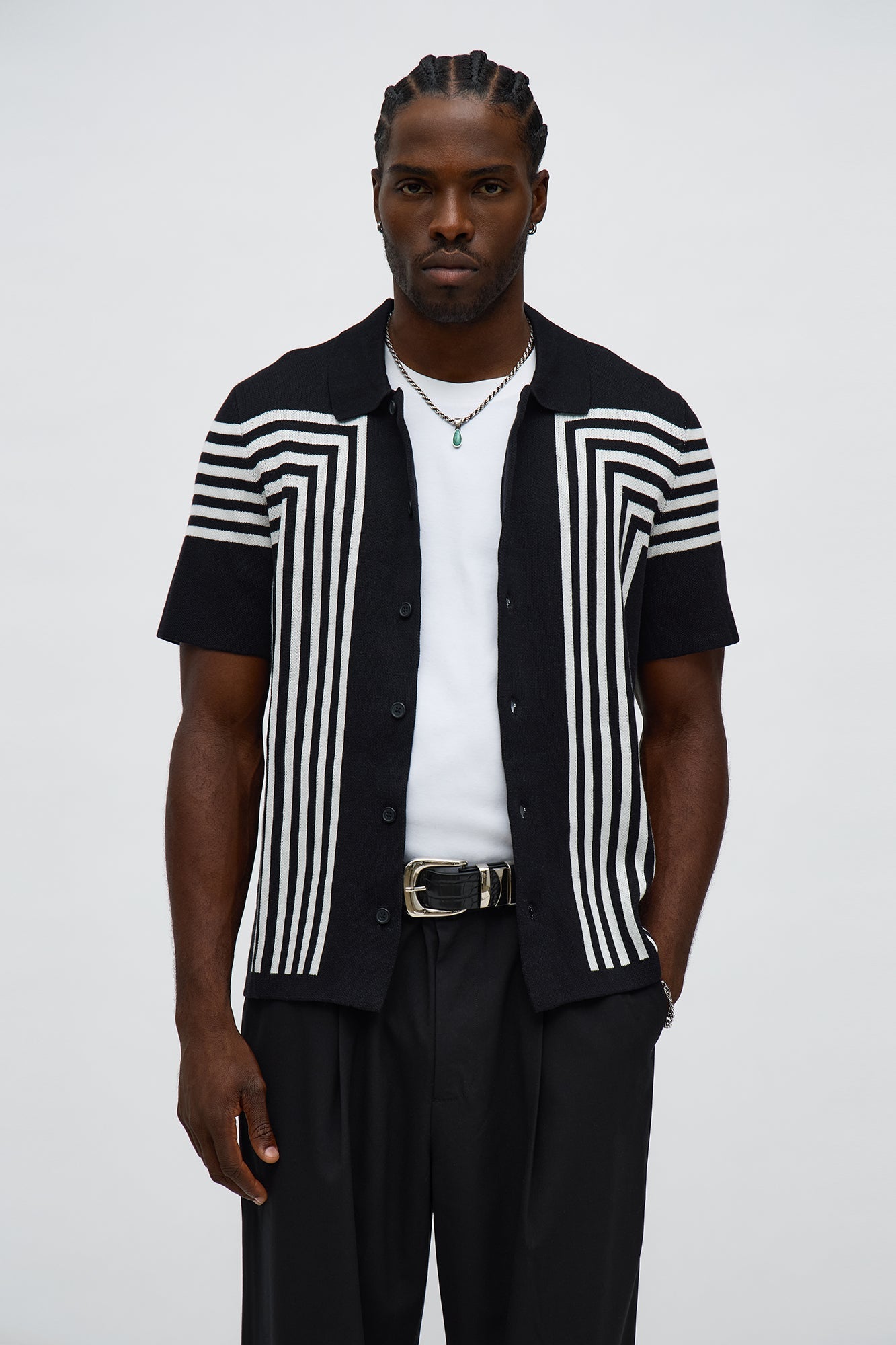 All Of The Lines Button Up Knit Polo Shirt - Black/combo Fashion Nova