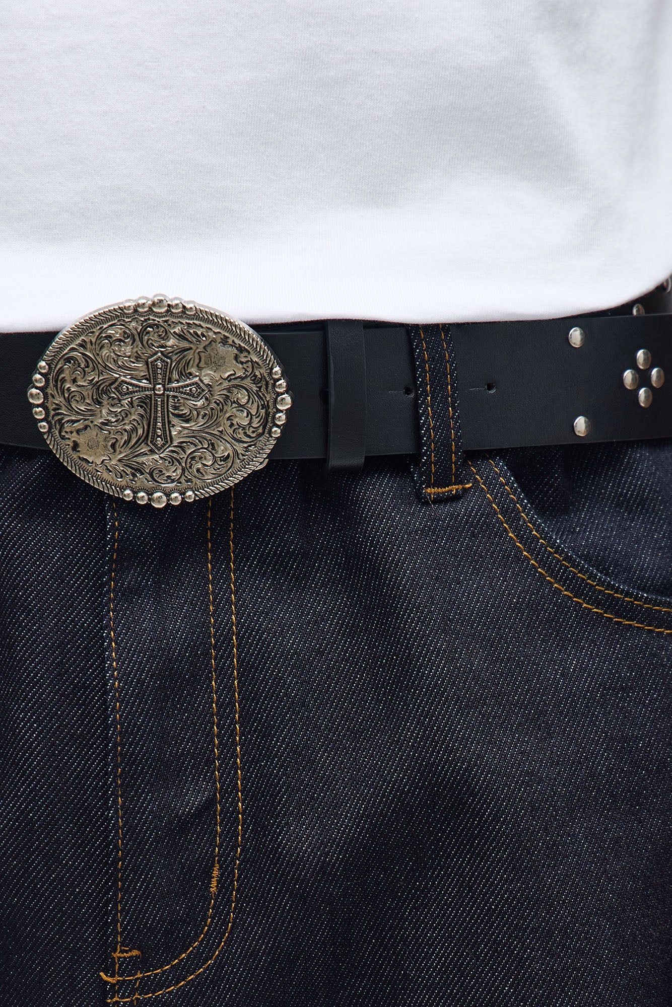 Cross Buckle Studded Faux Leather Belt - Black Fashion Nova