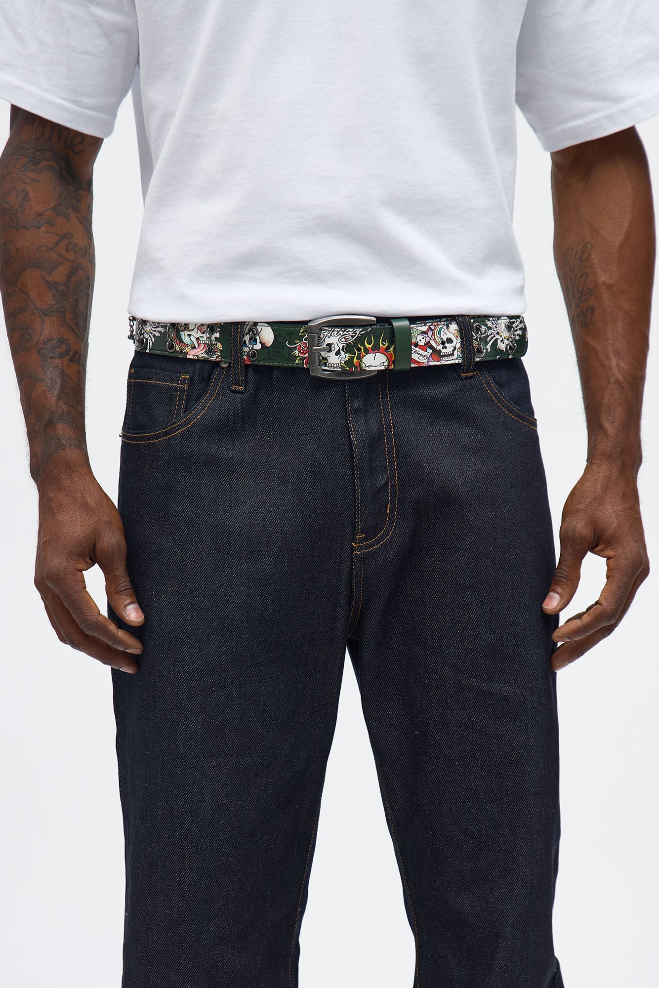 Ed Hardy Skull Tattoo Belt With Chains - Olive Fashion Nova