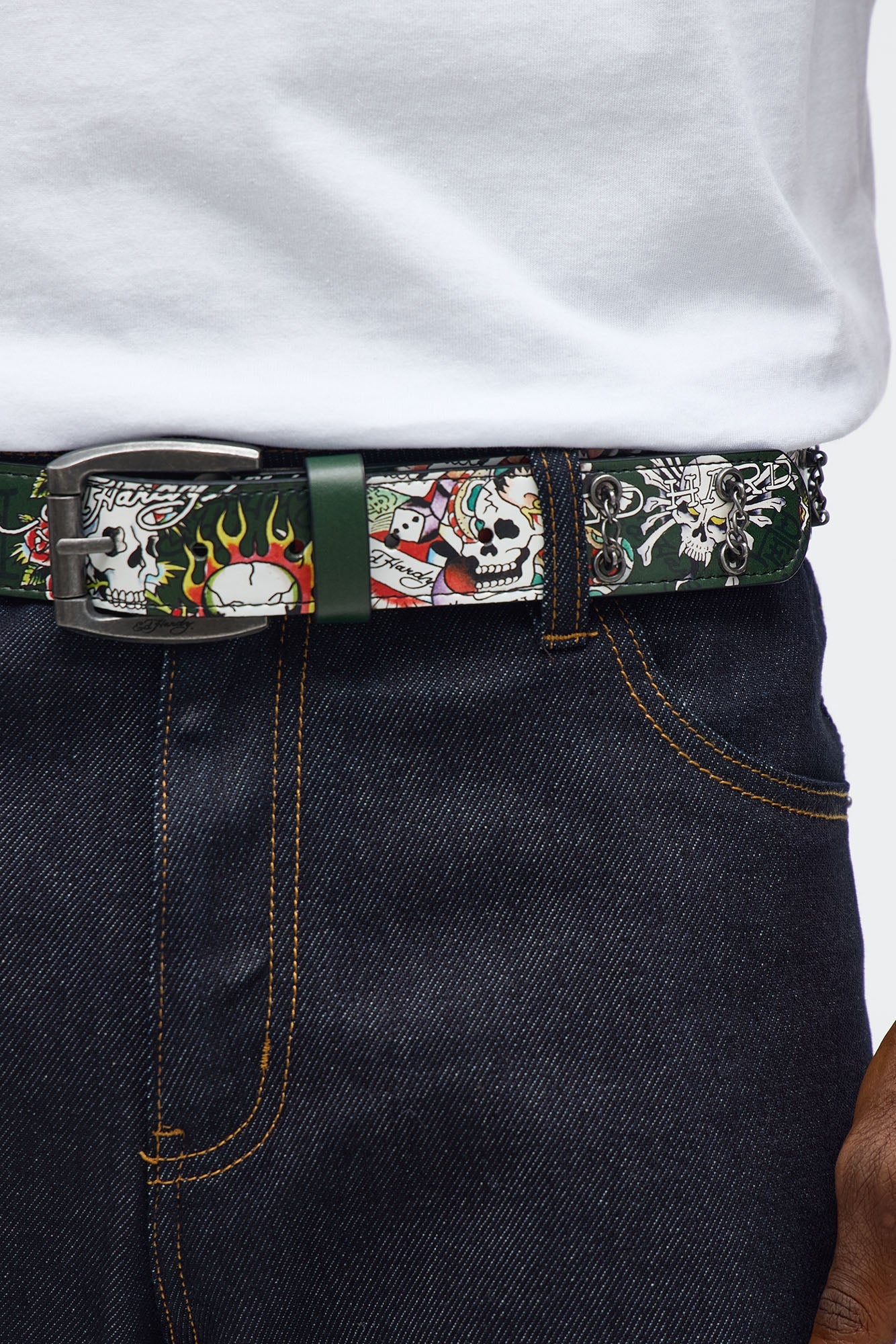 Ed Hardy Skull Tattoo Belt With Chains - Olive Fashion Nova