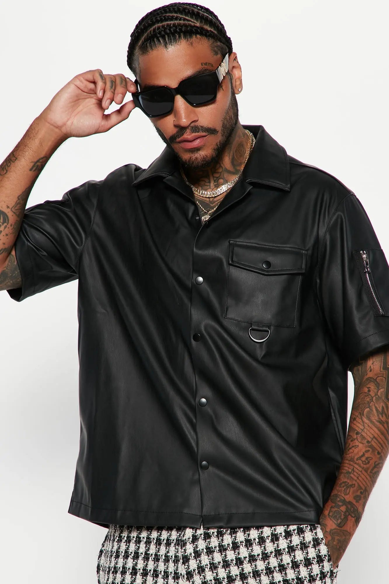 Utility Faux Leather Short Sleeve Button Up Shirt - Black Fashion Nova