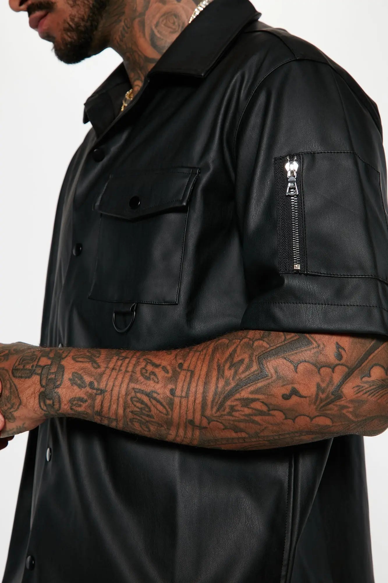 Utility Faux Leather Short Sleeve Button Up Shirt - Black Fashion Nova