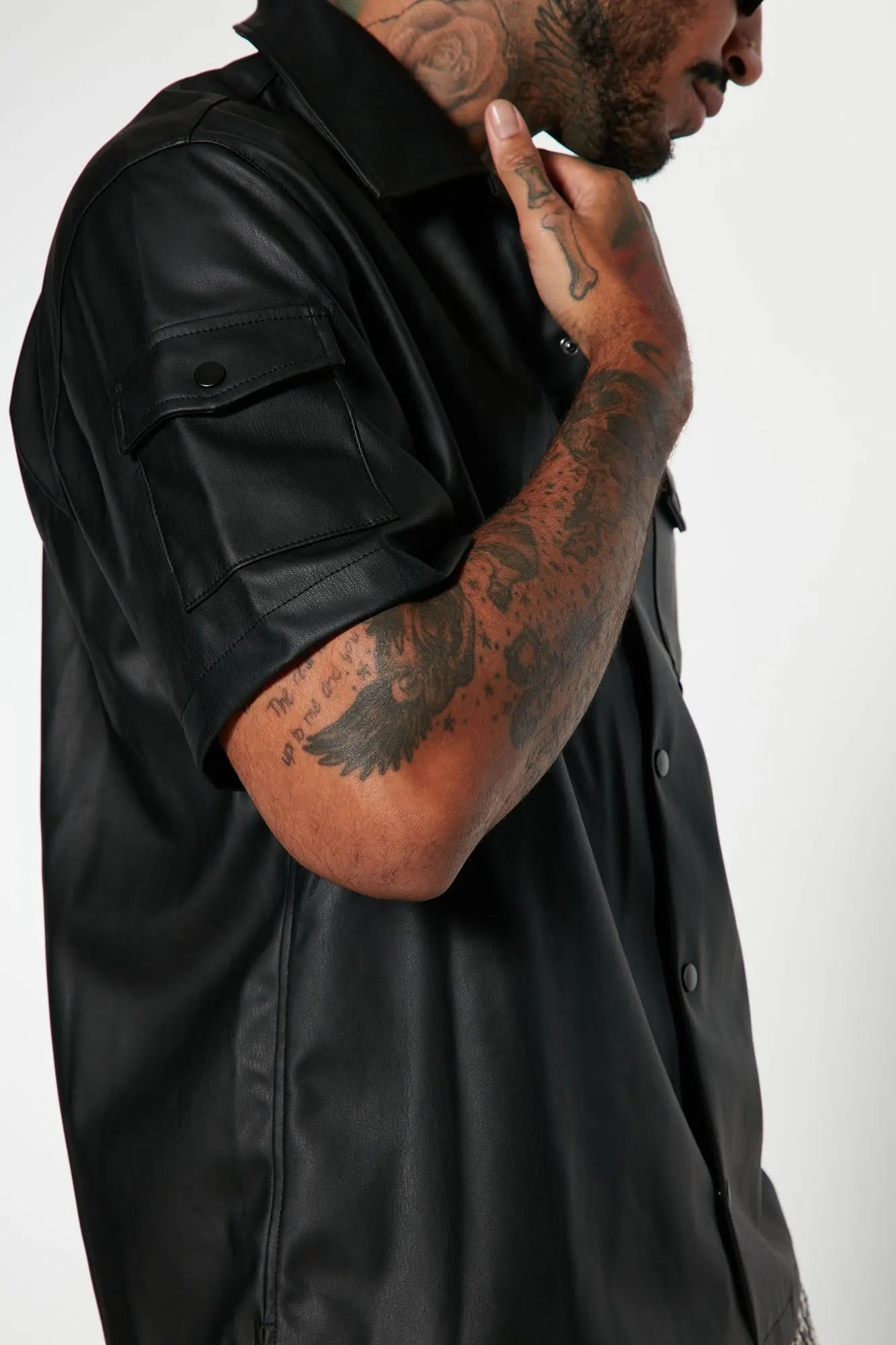 Utility Faux Leather Short Sleeve Button Up Shirt - Black Fashion Nova
