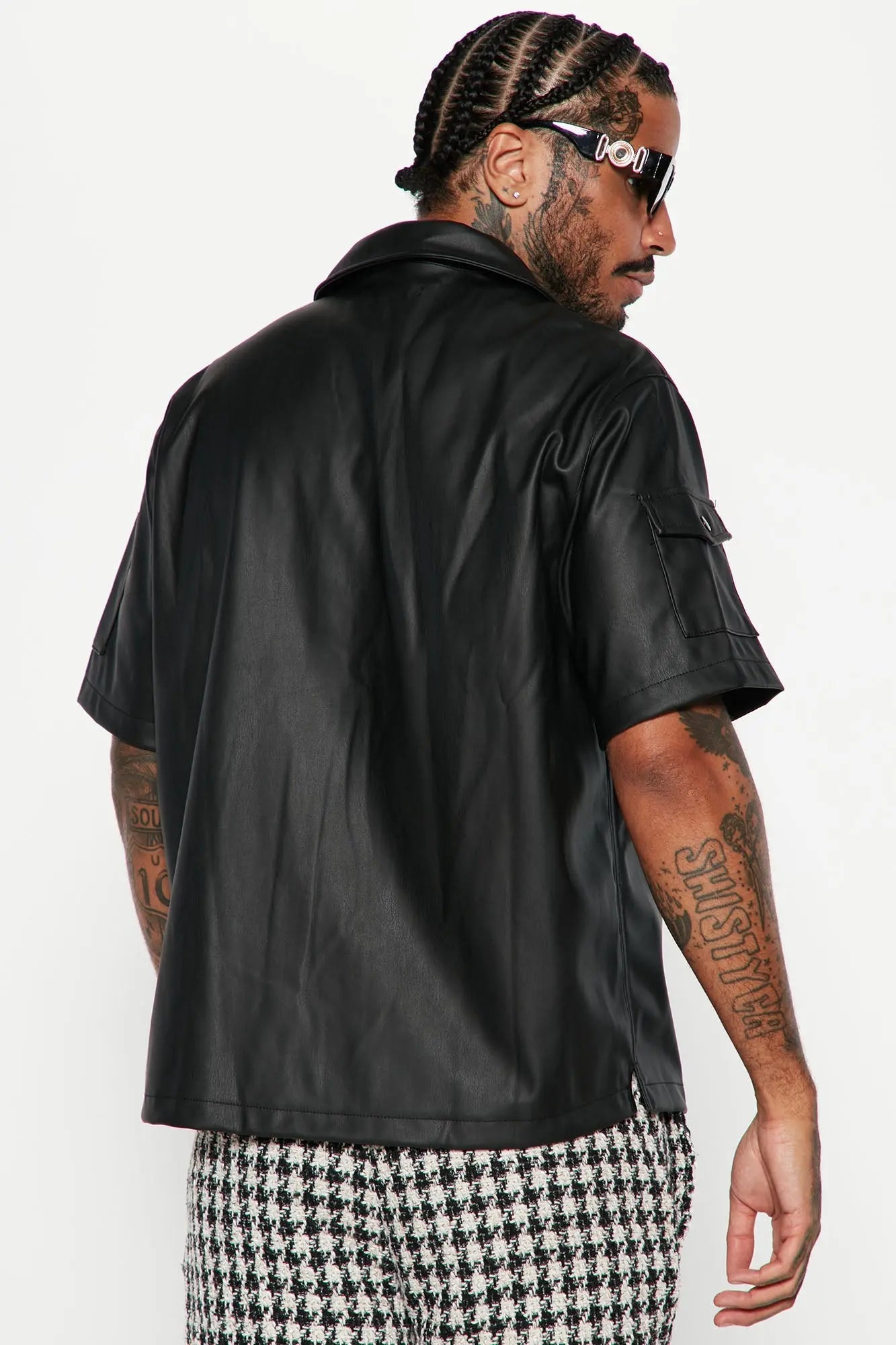 Utility Faux Leather Short Sleeve Button Up Shirt - Black Fashion Nova