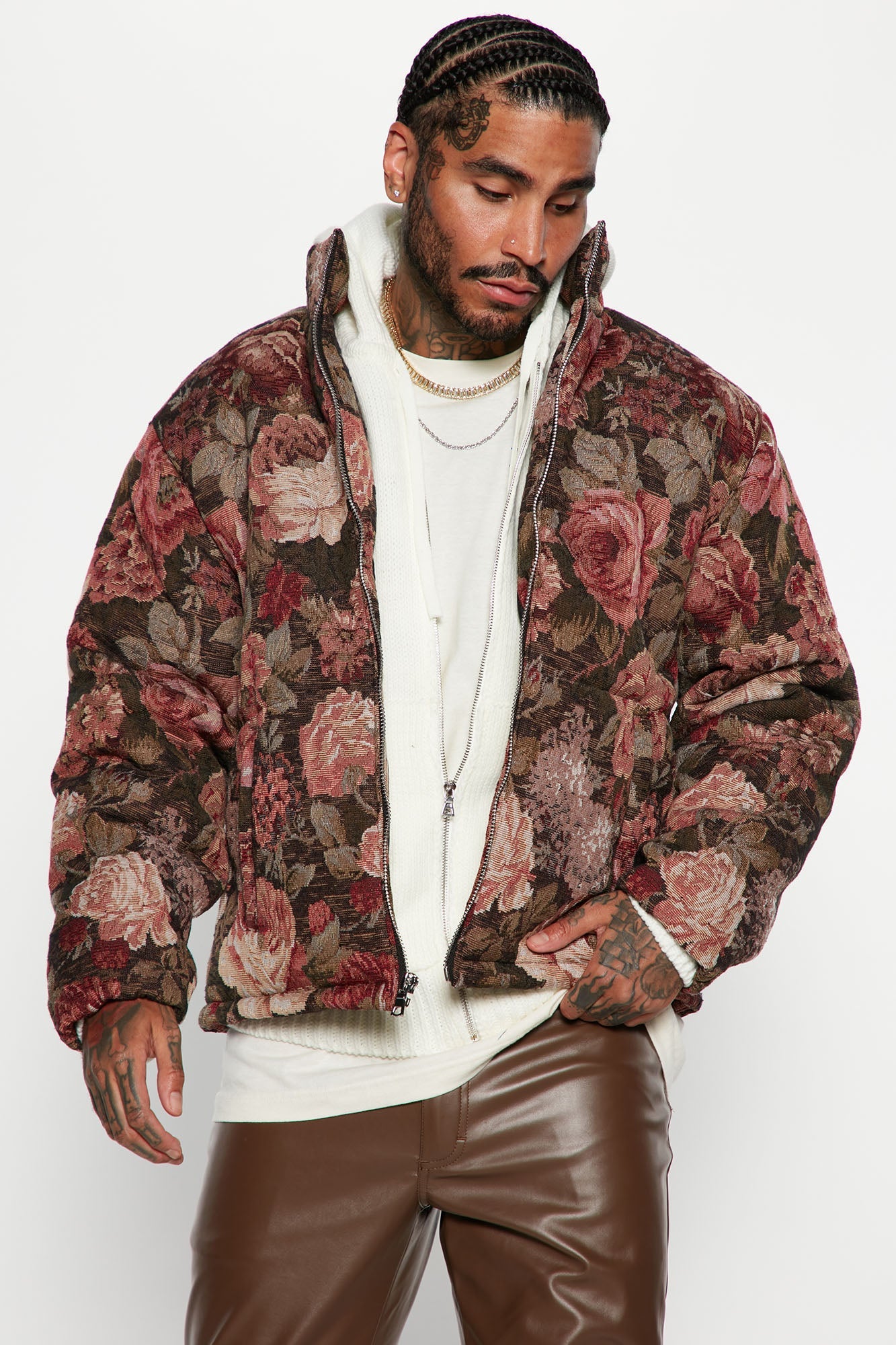 All Around Tapestry Puffer Jacket - Black/combo Fashion Nova