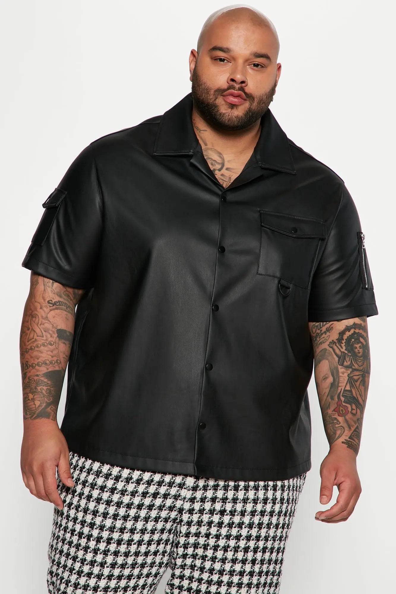 Utility Faux Leather Short Sleeve Button Up Shirt - Black Fashion Nova