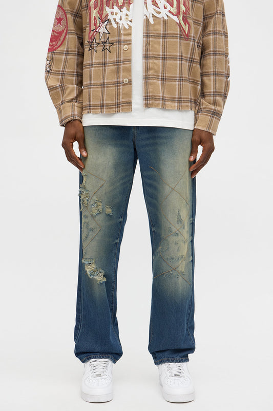 Straight With Stitches Distressed Jean - Vintage Blue Wash Fashion Nova