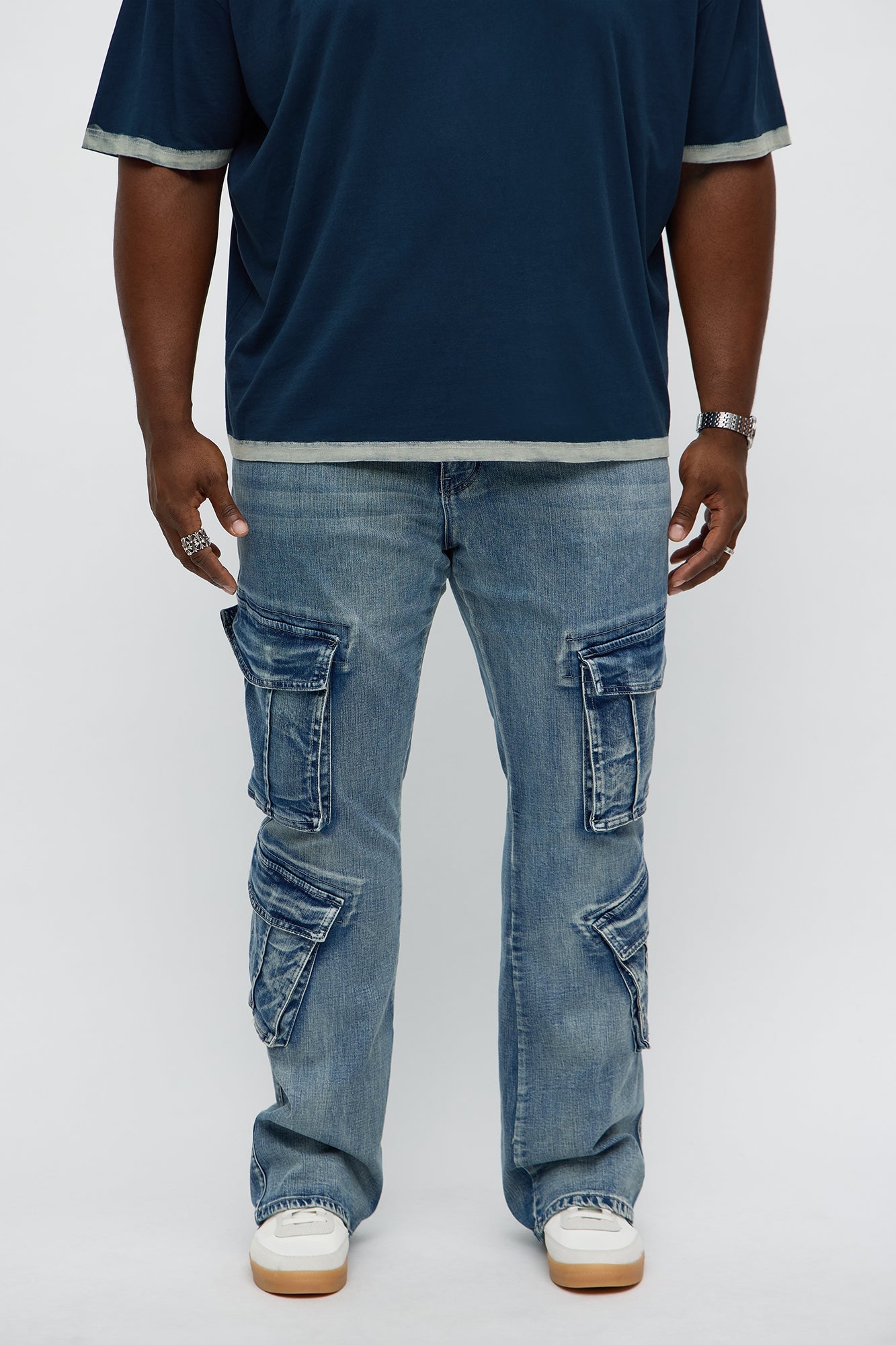 Stacked Skinny Flare Michel Cargo Jean - Medium Blue Wash Fashion Nova
