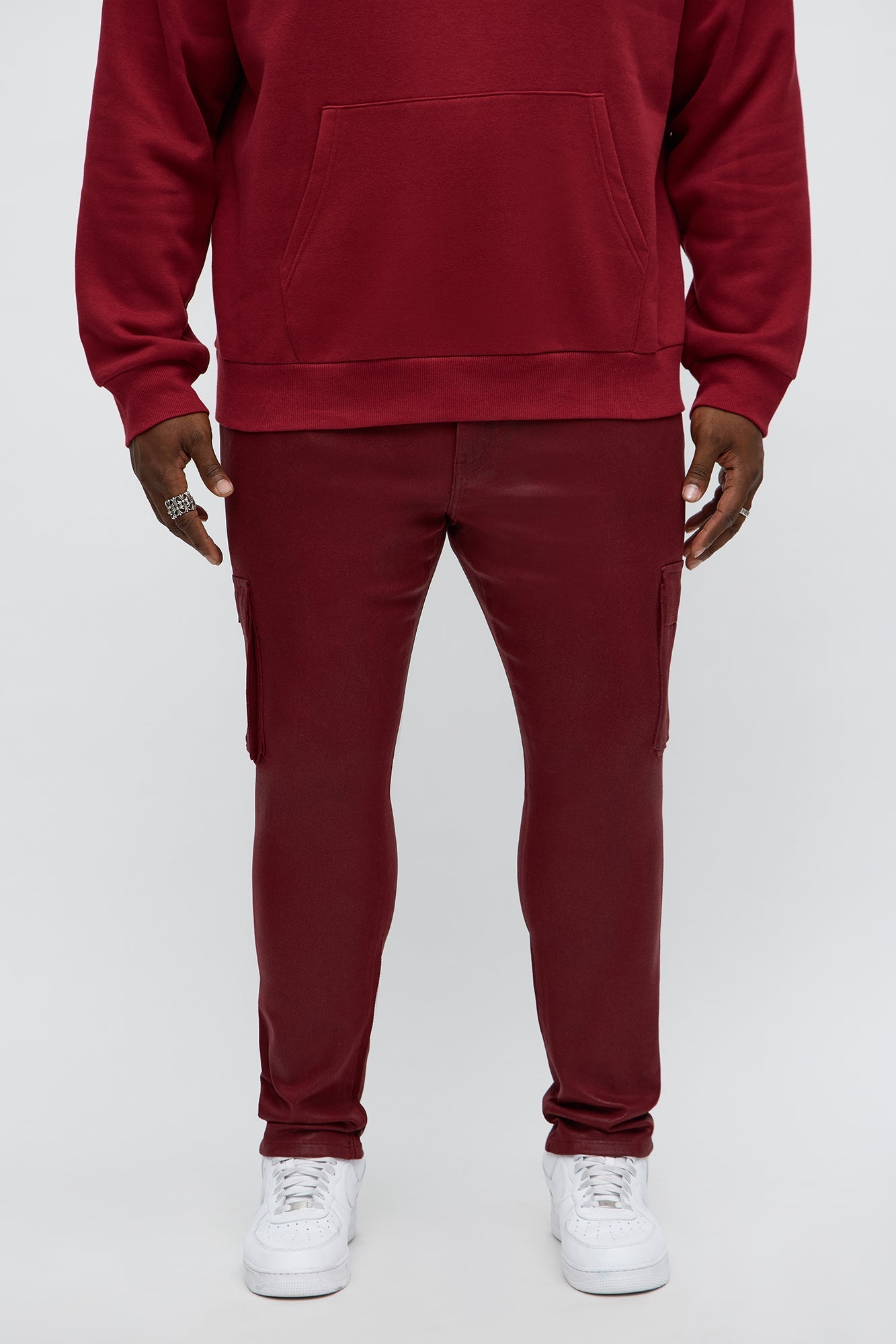 Skinny Down The Streets Waxed Cargo Jean - Burgundy Fashion Nova