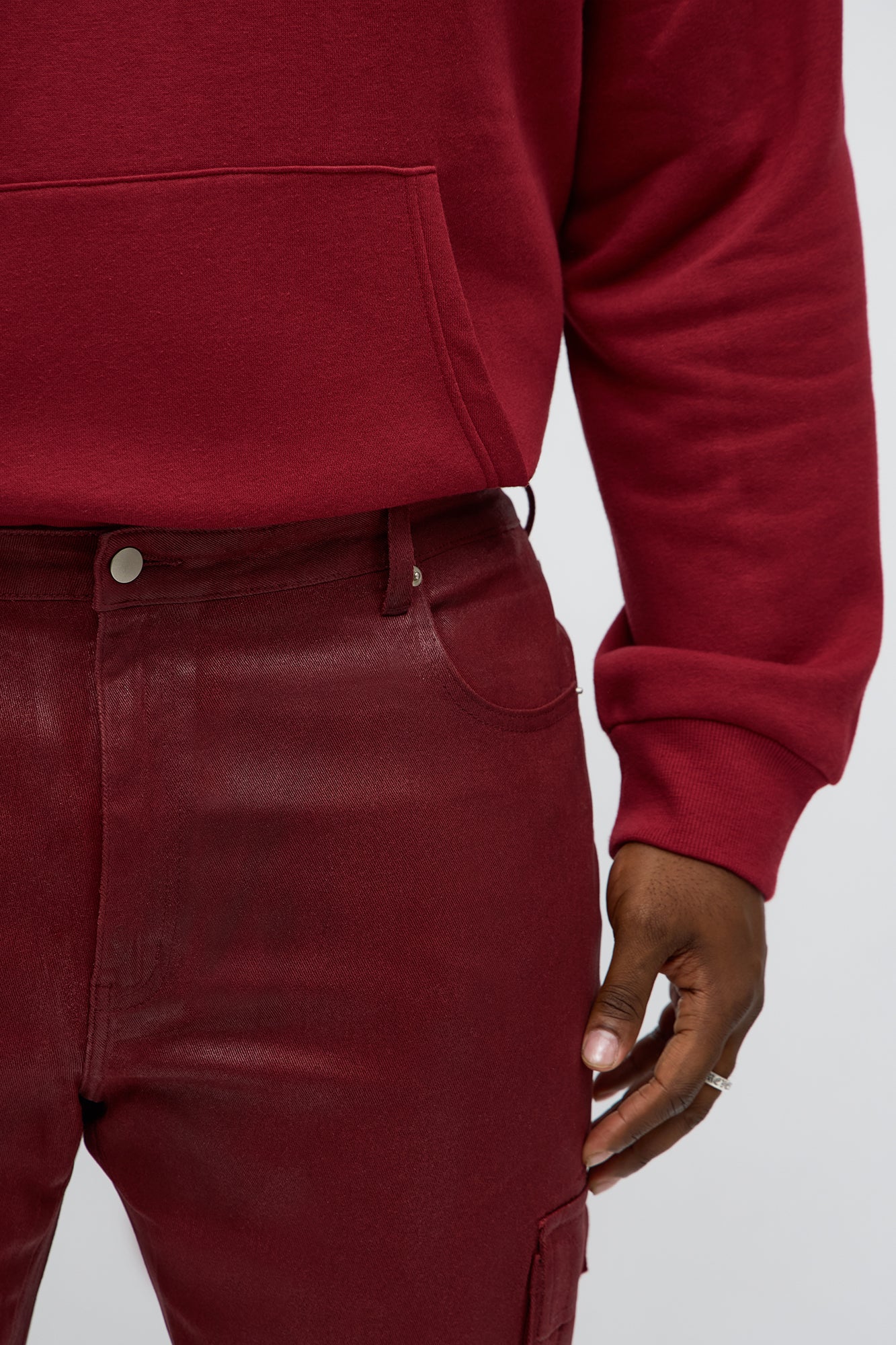 Skinny Down The Streets Waxed Cargo Jean - Burgundy Fashion Nova