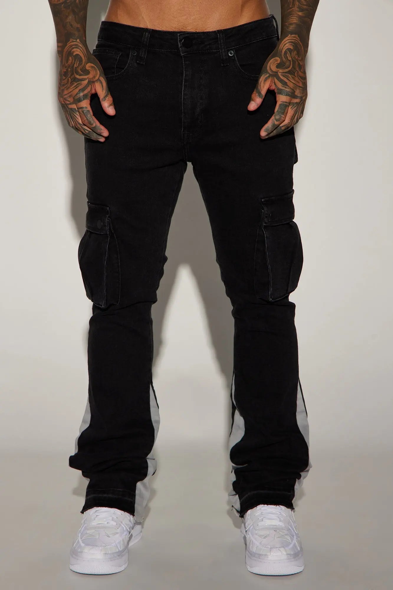 Carried Cargo Stacked Skinny Flared Jeans - Black Fashion Nova