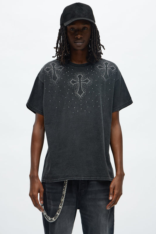 Cross Rhinestones Oversized Short Sleeve Tee - Black Fashion Nova
