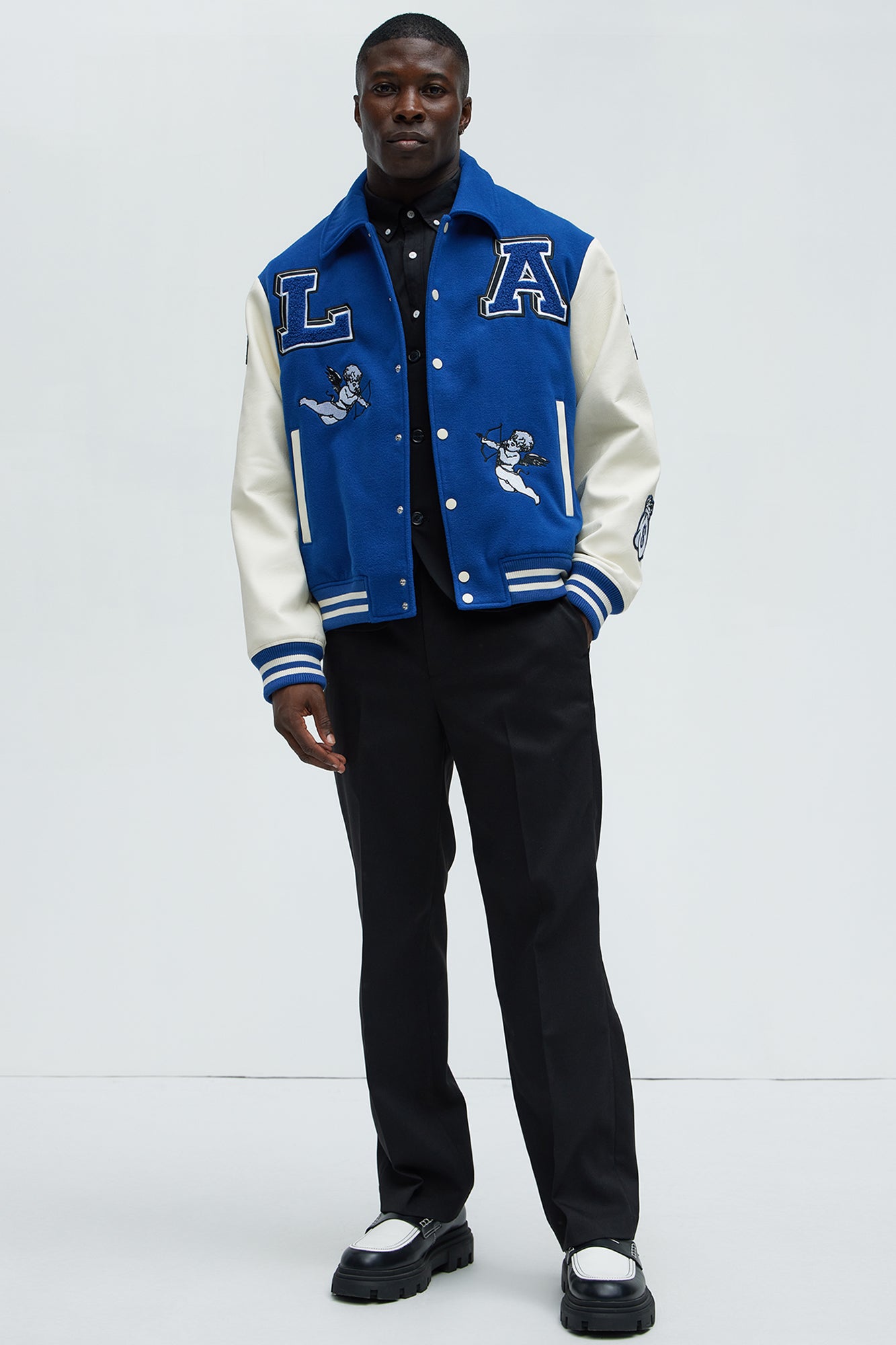 LA Patchwork Varsity Jacket - Royal/combo Fashion Nova