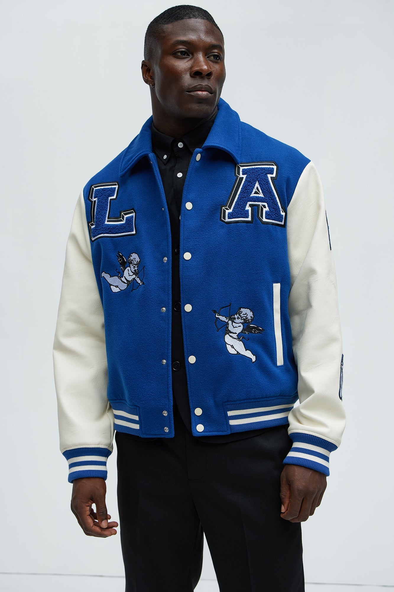LA Patchwork Varsity Jacket - Royal/combo Fashion Nova