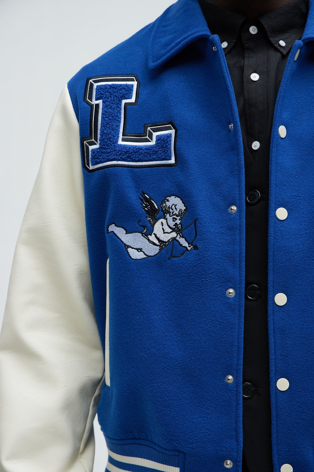 LA Patchwork Varsity Jacket - Royal/combo Fashion Nova
