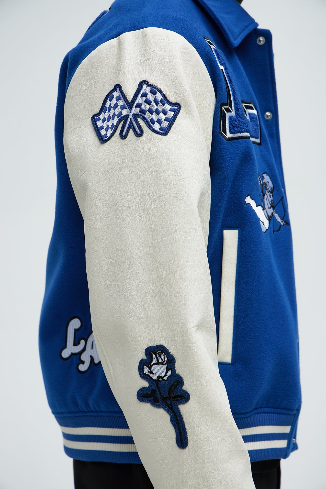 LA Patchwork Varsity Jacket - Royal/combo Fashion Nova