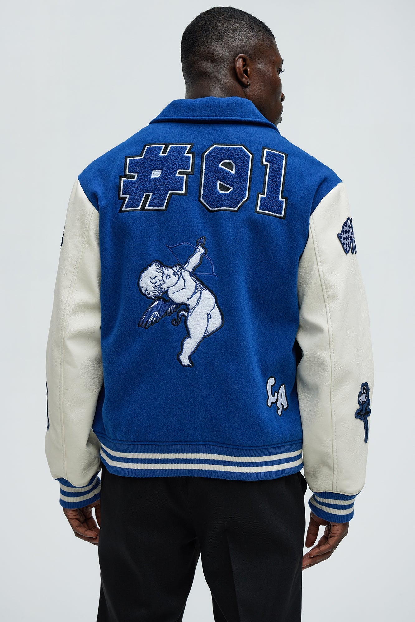 LA Patchwork Varsity Jacket - Royal/combo Fashion Nova