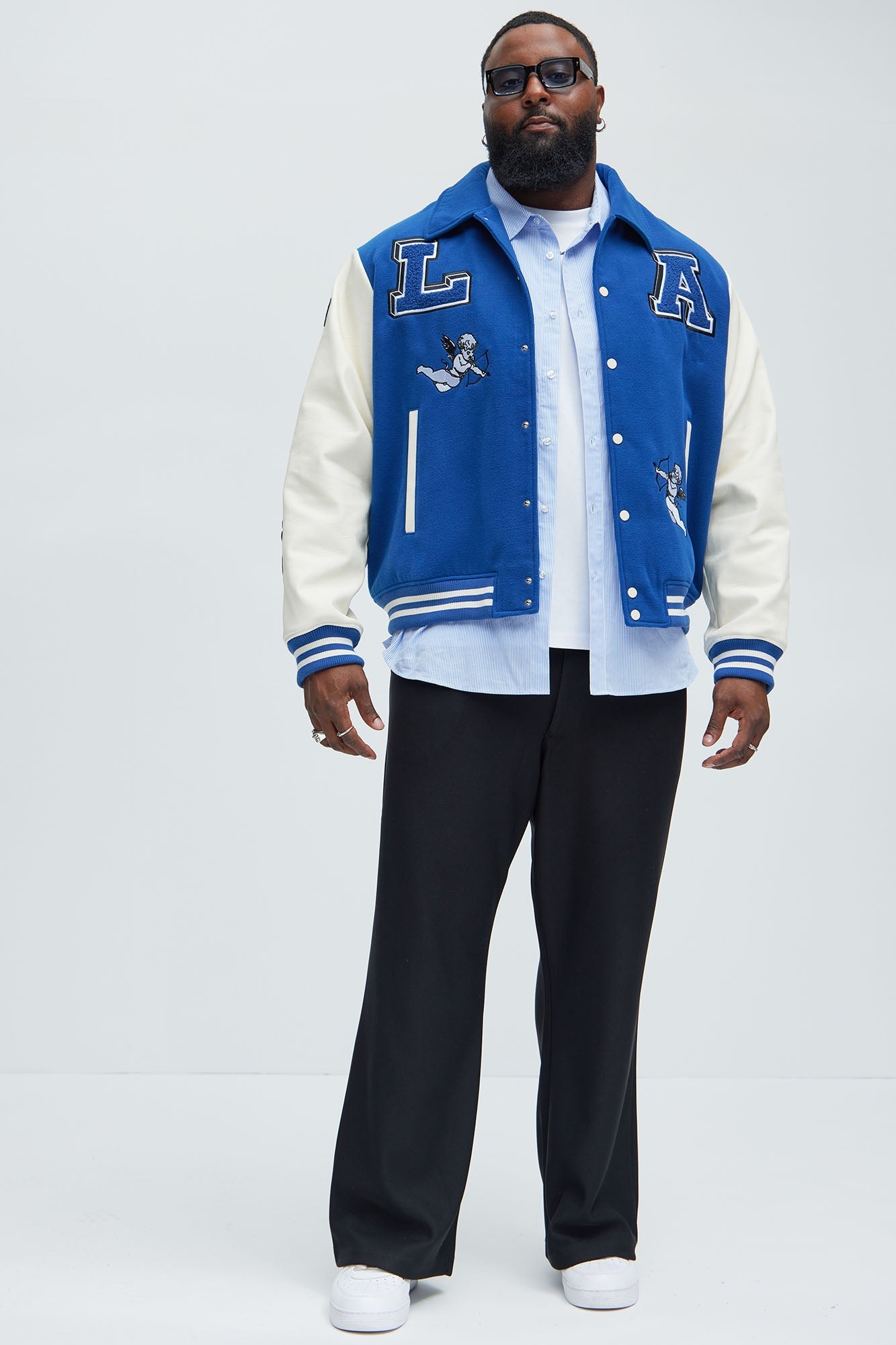 LA Patchwork Varsity Jacket - Royal/combo Fashion Nova