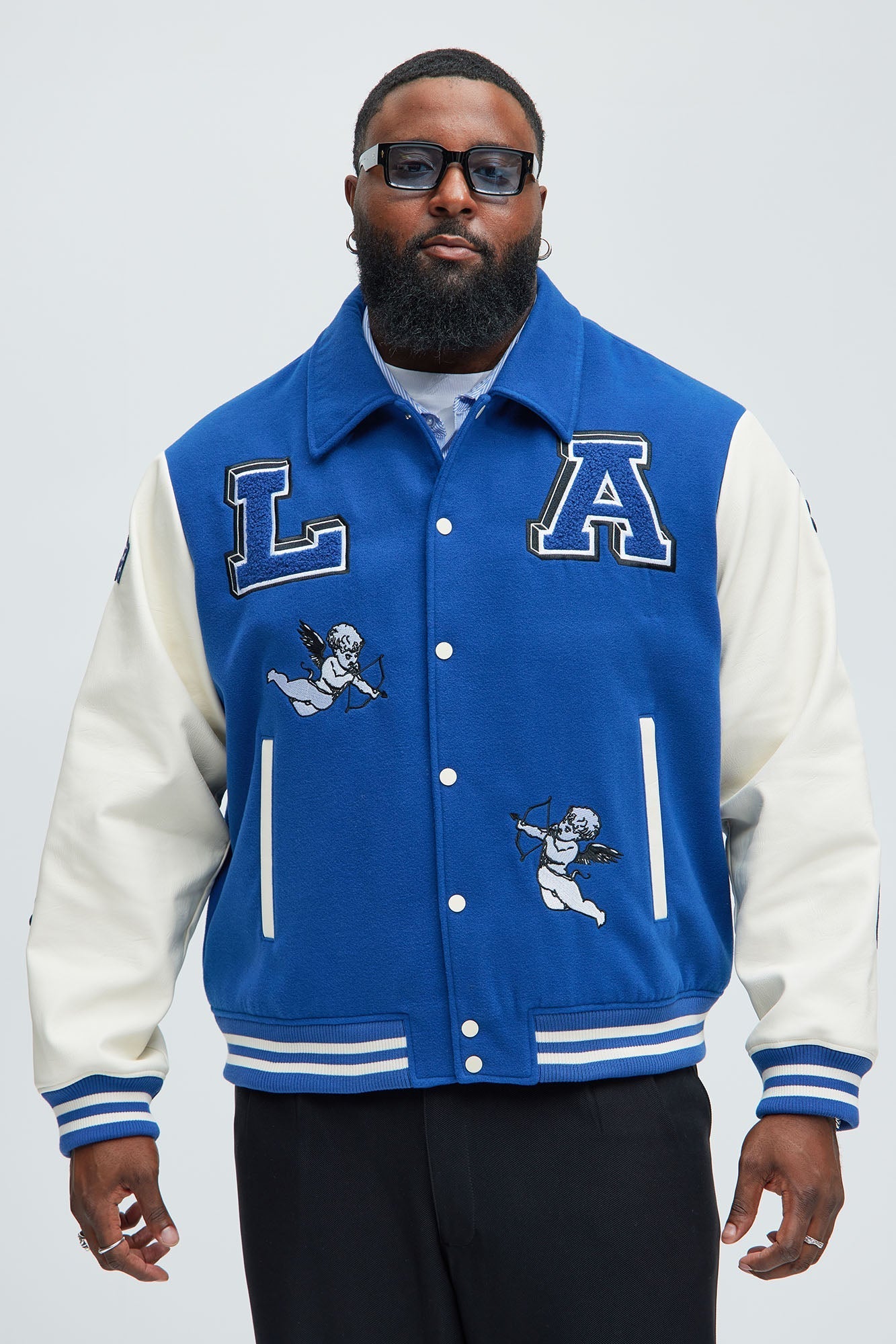 LA Patchwork Varsity Jacket - Royal/combo Fashion Nova