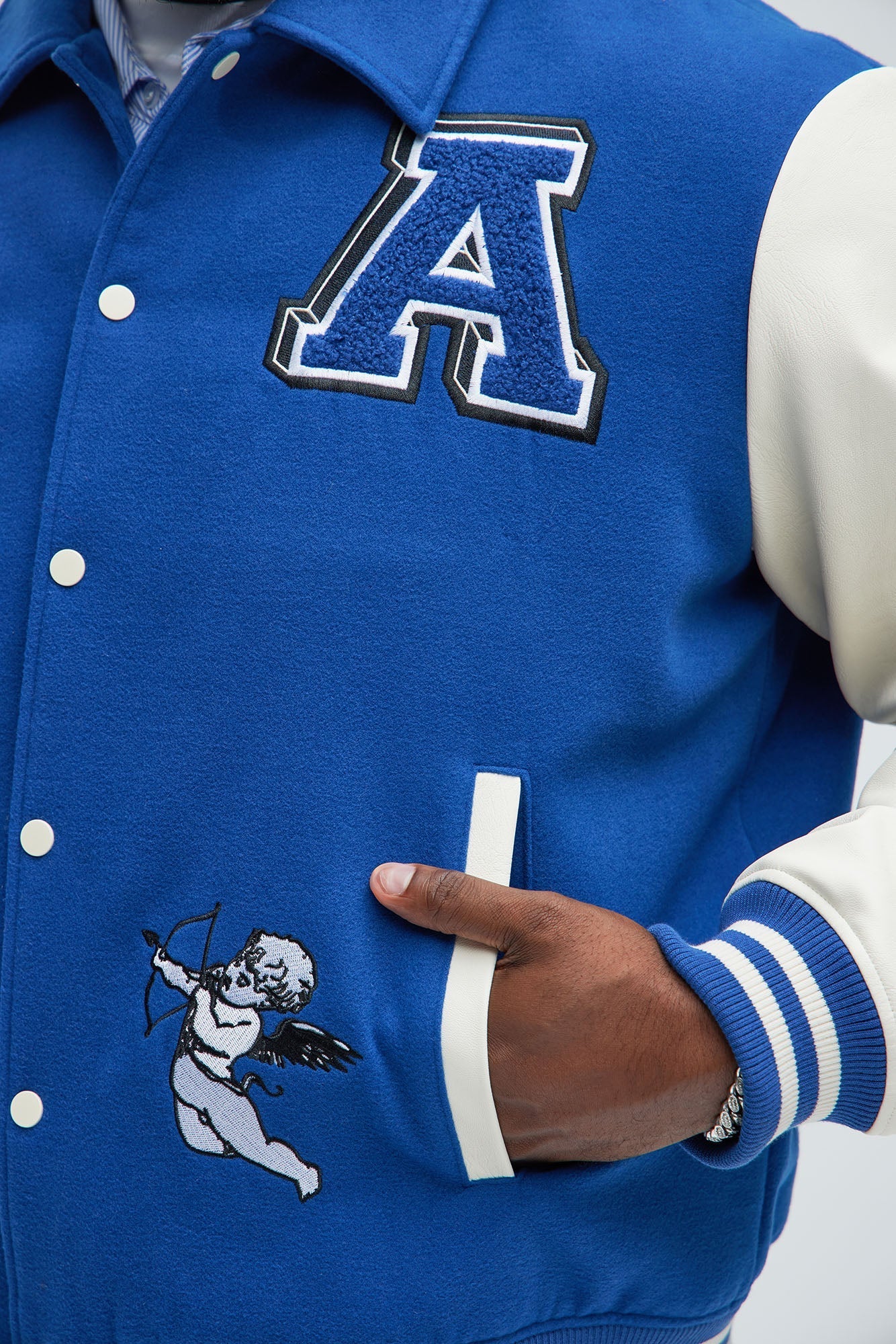 LA Patchwork Varsity Jacket - Royal/combo Fashion Nova