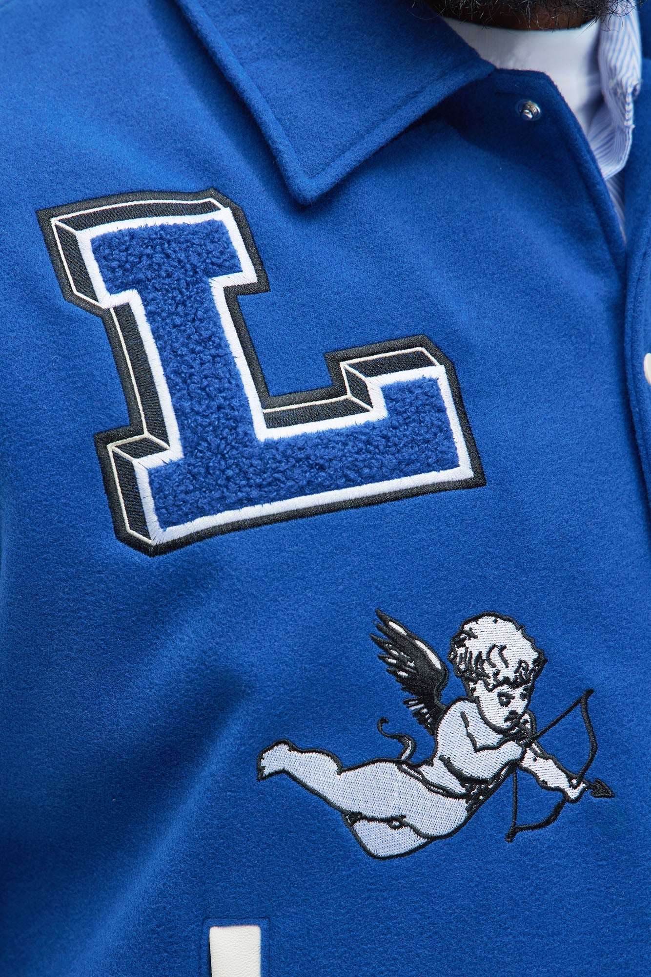 LA Patchwork Varsity Jacket - Royal/combo Fashion Nova