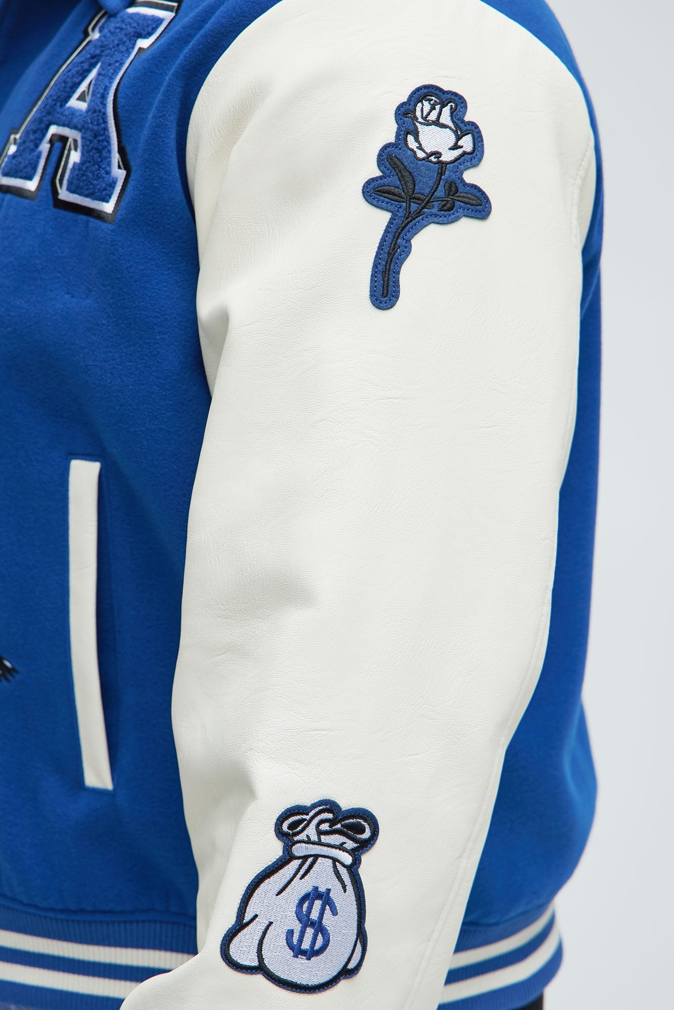 LA Patchwork Varsity Jacket - Royal/combo Fashion Nova