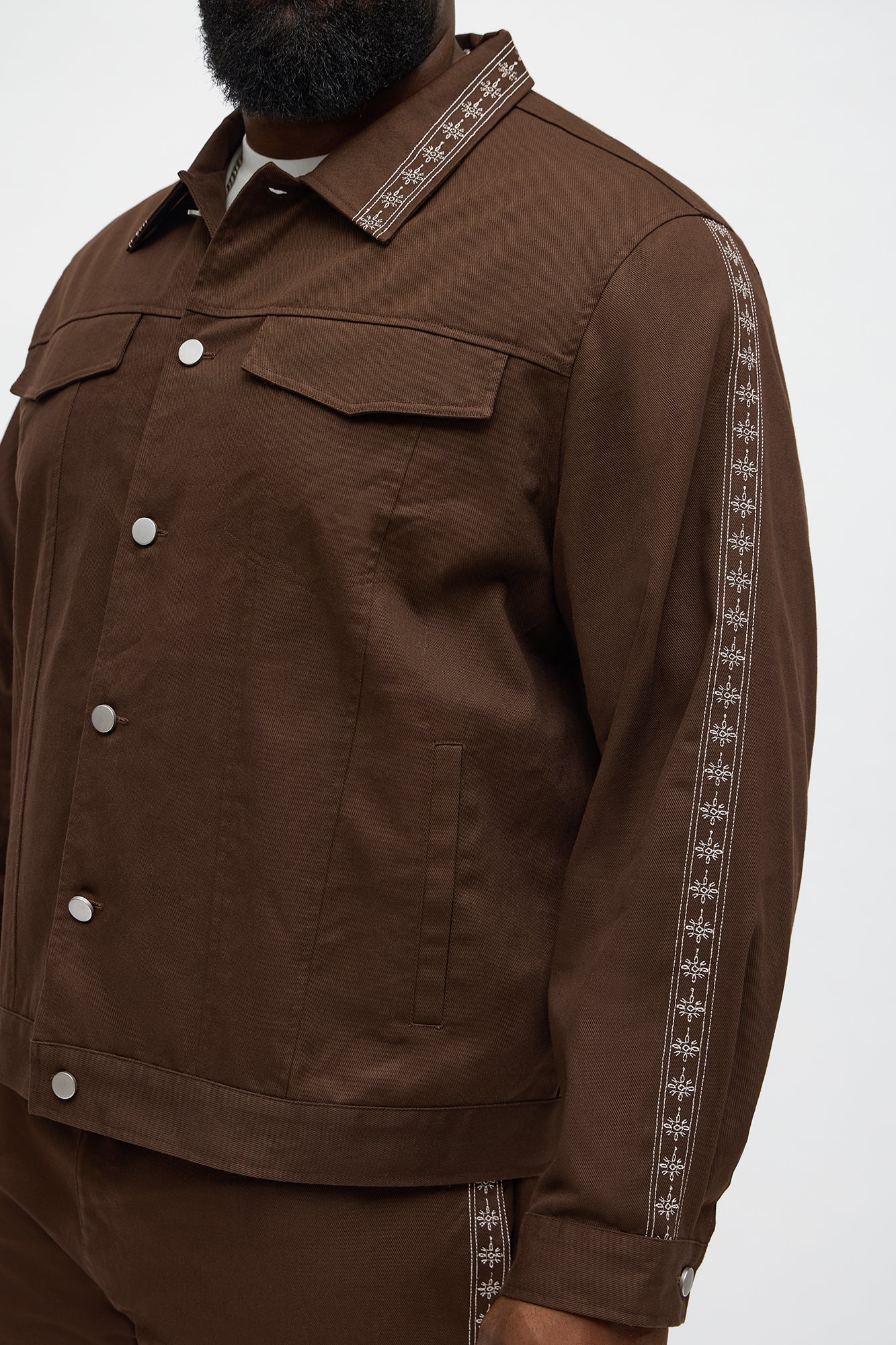 On A Loop Embroidered Stitch Trucker Jacket - Brown Fashion Nova