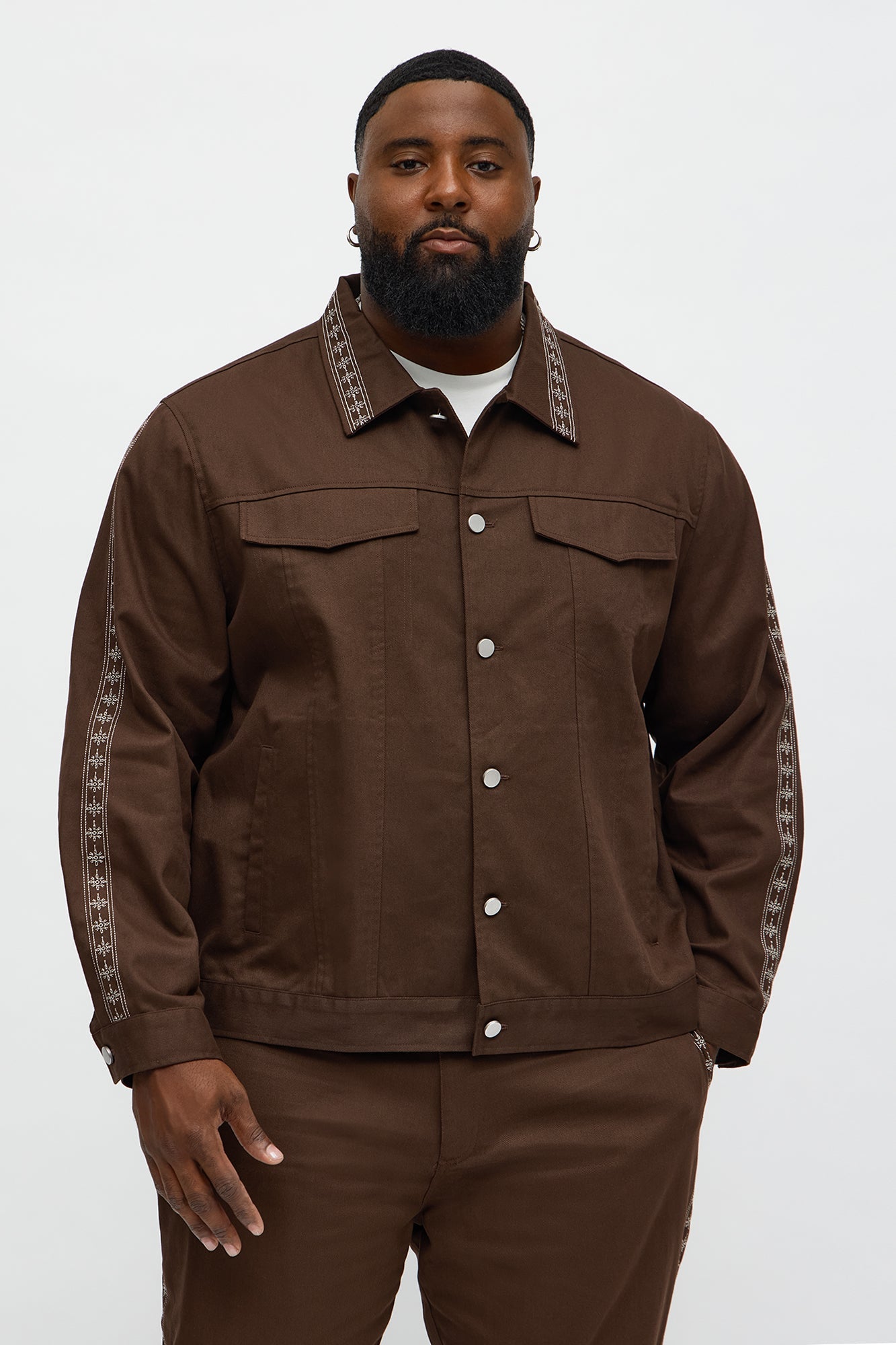 On A Loop Embroidered Stitch Trucker Jacket - Brown Fashion Nova