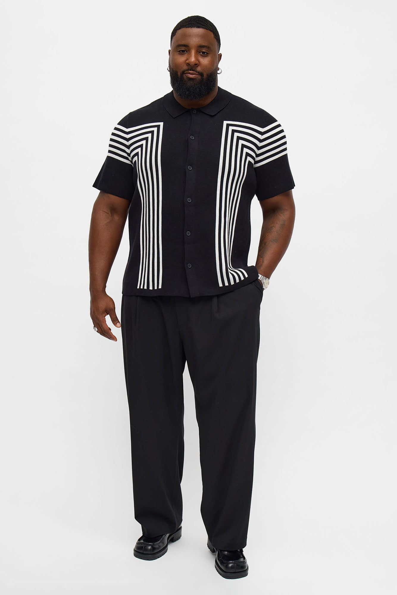 All Of The Lines Button Up Knit Polo Shirt - Black/combo Fashion Nova
