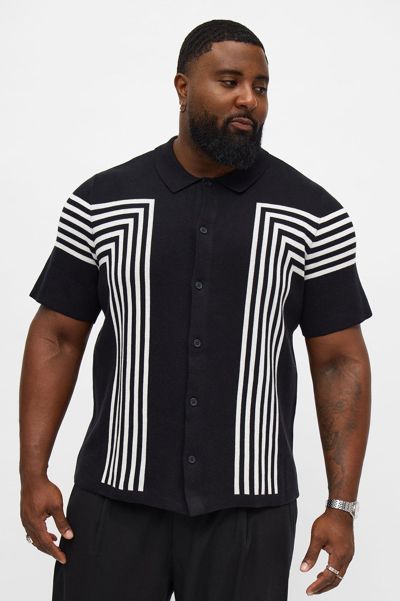 All Of The Lines Button Up Knit Polo Shirt - Black/combo Fashion Nova