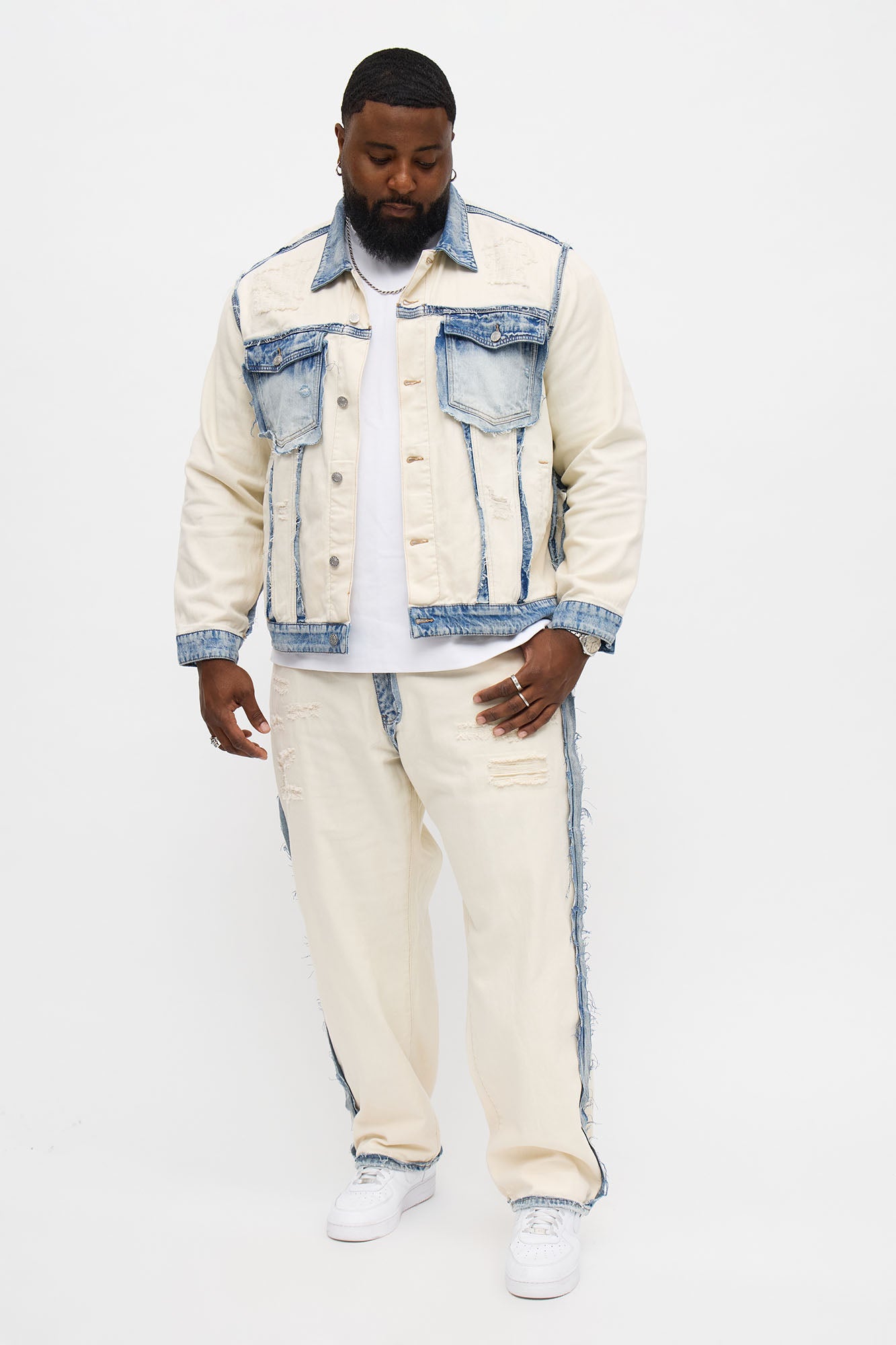 Benji Fray Denim Trucker Jacket - Off White/combo Fashion Nova