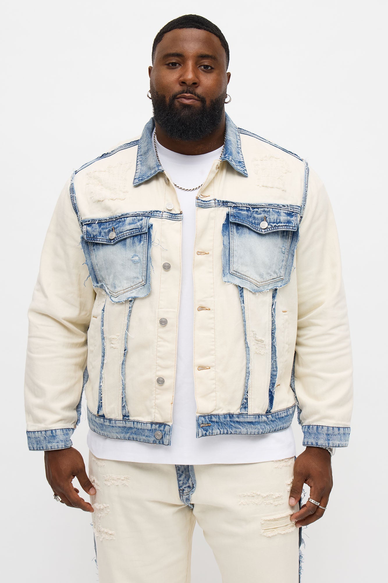 Benji Fray Denim Trucker Jacket - Off White/combo Fashion Nova