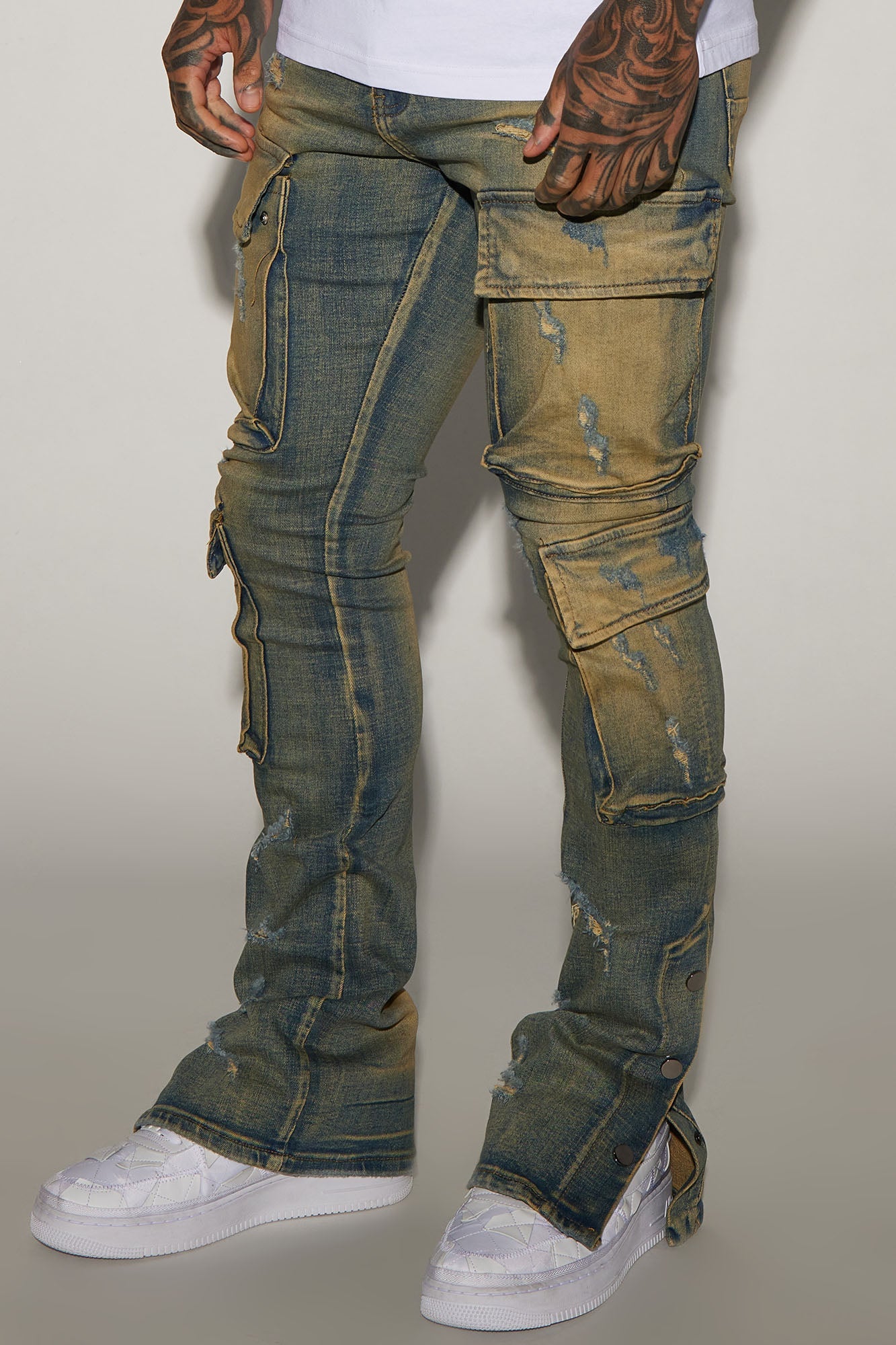 On The Set Stacked Skinny Snap Flare Jeans - Vintage Wash Fashion Nova